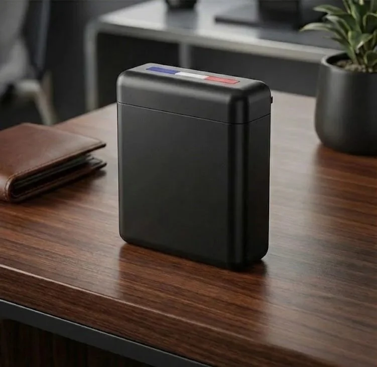 Une boite noire compacte et rectangulaire posée sur une table en bois.