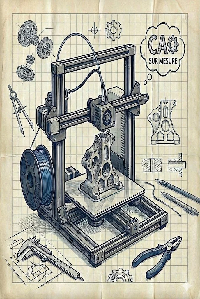 Schéma technique d'une imprimante 3D en train de fabriquer une pièce mécanique. Autour, des outils comme paires de pinces, pinces coupantes, un pied à coulisse, un crayon, un compas, des engrenages, des pièces mécaniques, et des croquis sont visibles.