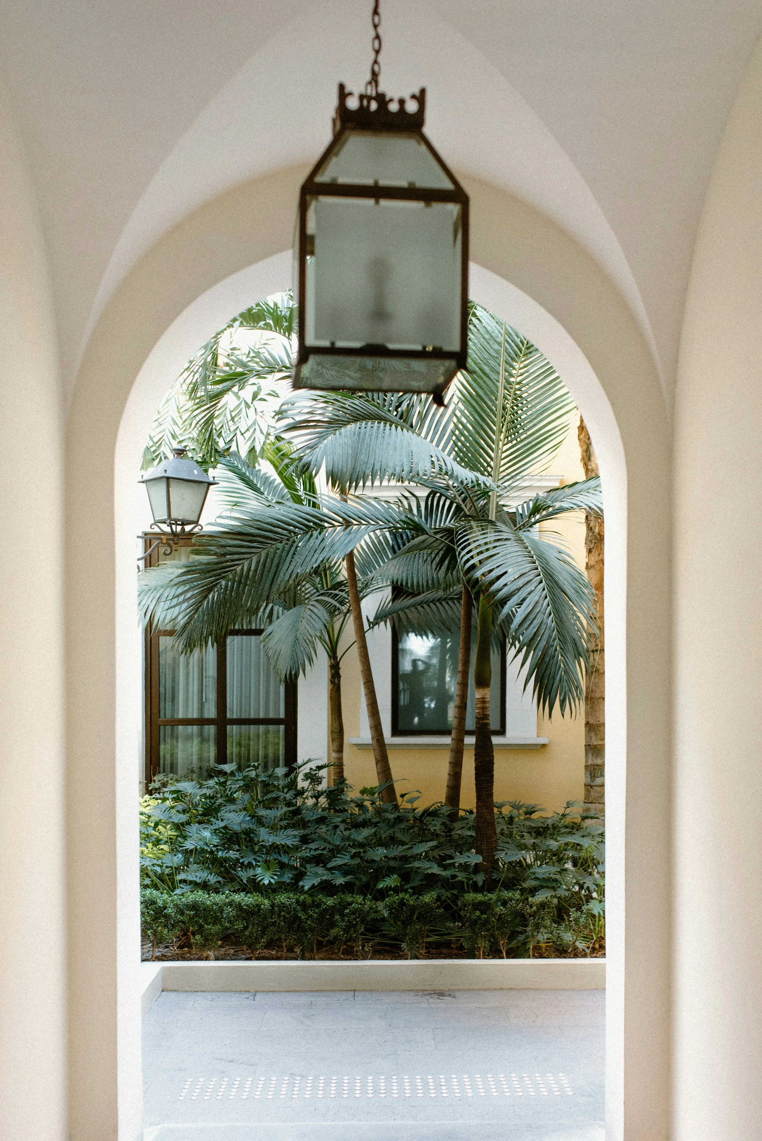 Vista de un patio interior con plantas de palma, vista a través de un arco, con faroles en el techo y en la pared.