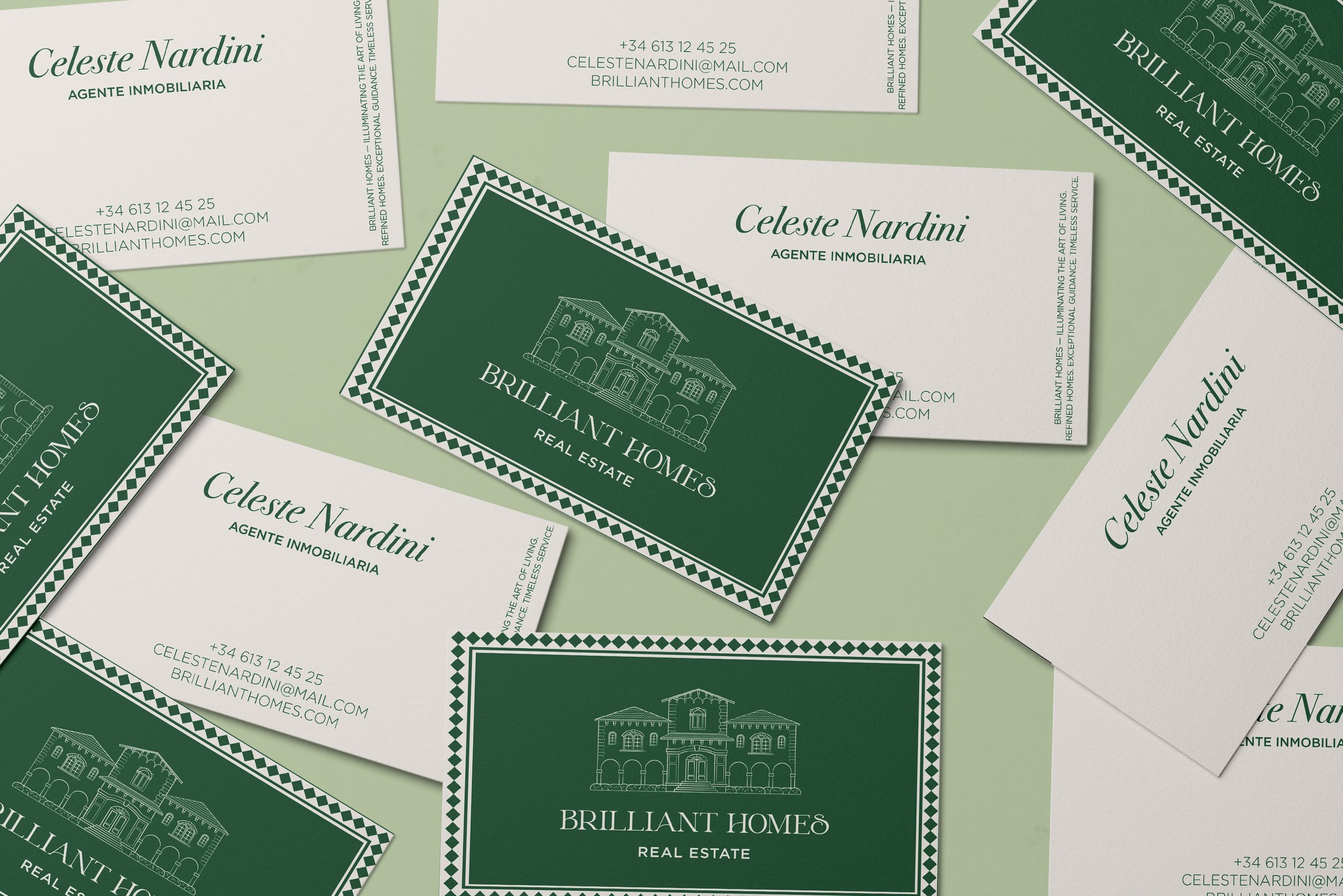 Tarjetas de visita de una agencia inmobiliaria llamada Brilliant Homes con el nombre de la agente Celeste Nardini, en colores verde y blanco, con logotipo de una casa y detalles decorativos en los bordes.