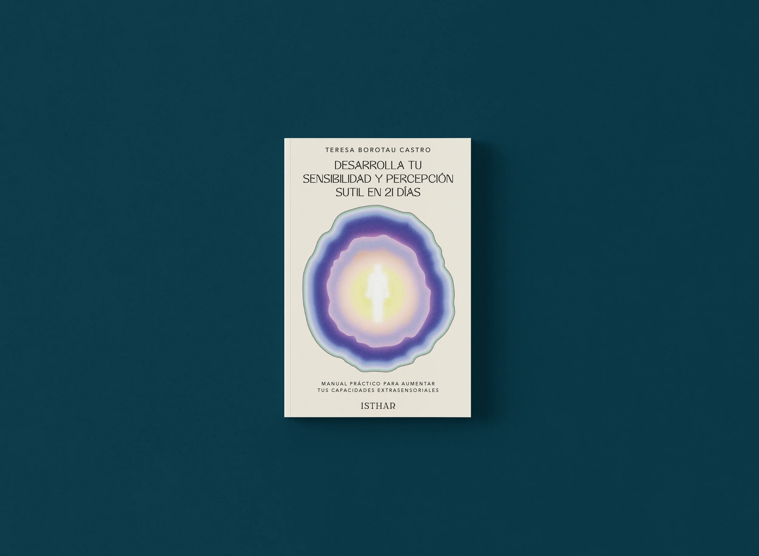 Portada de un libro titulado 'Desarrolla tu sensibilidad y percepción sutil en 21 días' con una ilustración de un figura humana rodeada por un aura de colores morados, blancos y amarillos.