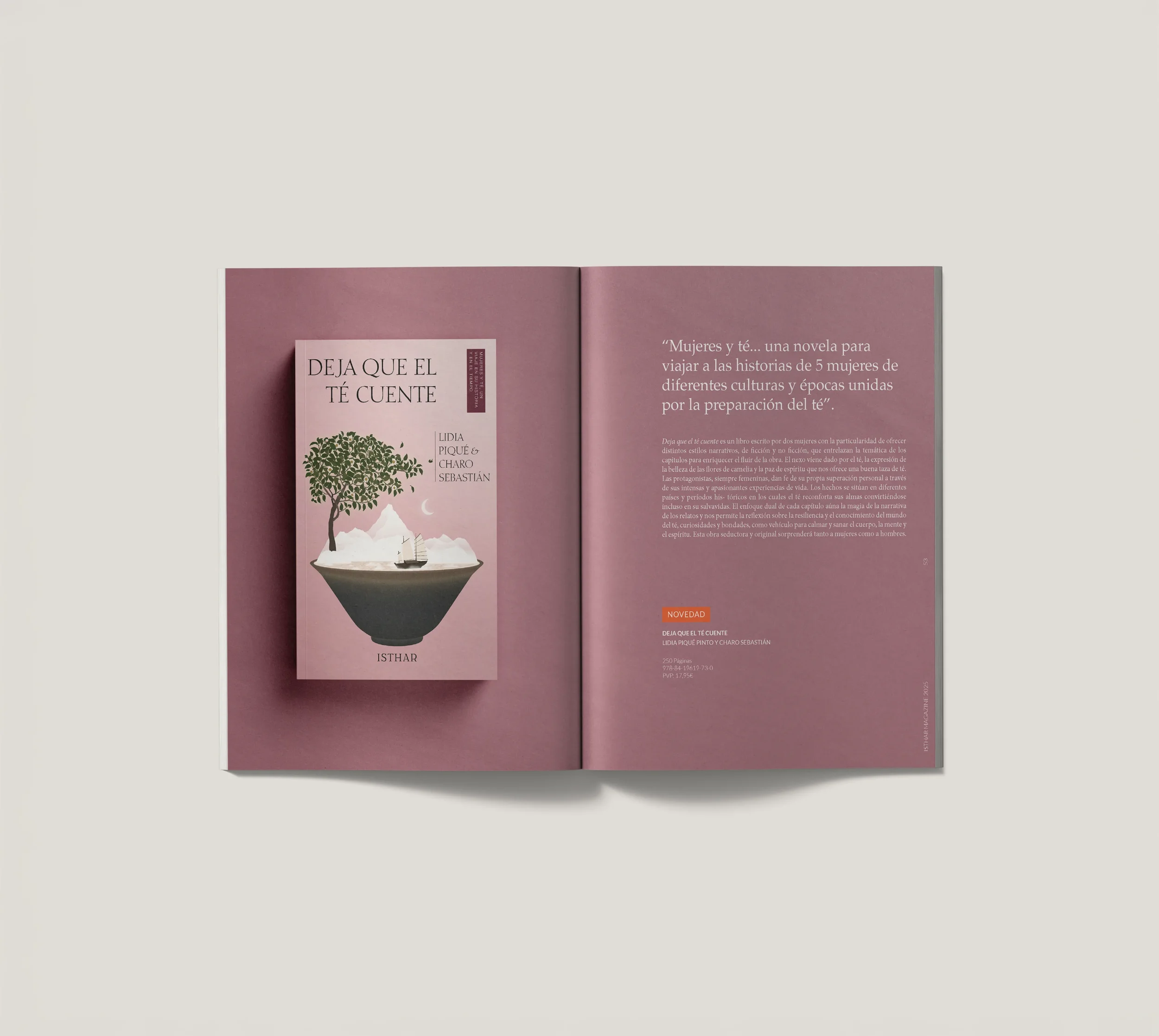 Páginas de revista mostrando la portada y una reseña del libro 'Deja que el té cuente' de Lidia Piqué y Charo Sebastián.