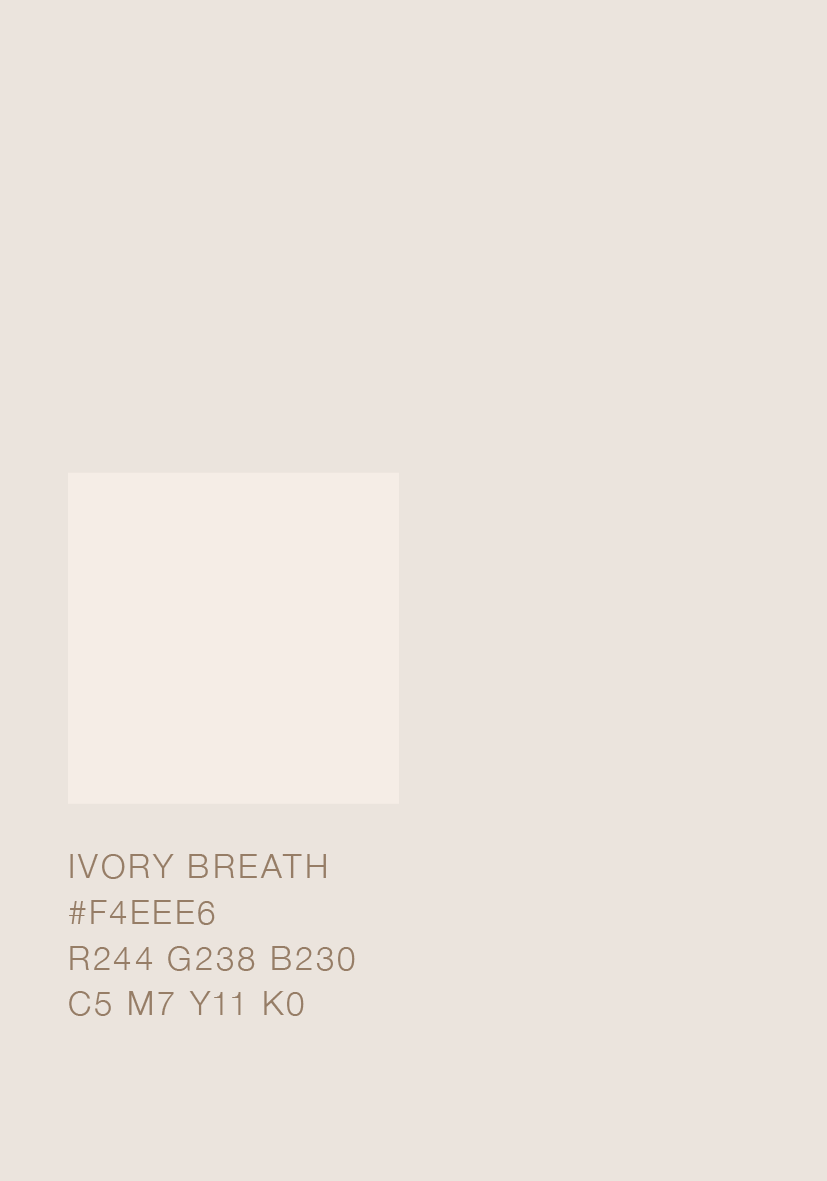 Muestra un ejemplo de color llamado Ivory Breath, con su código hexadecimal #F4EEE6 y sus valores CMYK y Pantone.