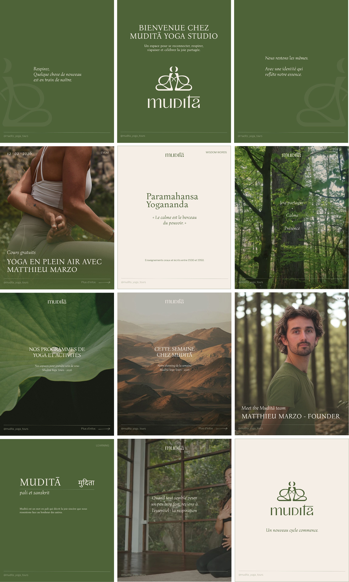 Collage de varias imágenes relacionadas con un estudio de yoga llamado Mudità Yoga Studio, incluyendo texto en francés, español y sánscrito, con fotos de naturaleza, personas practicando yoga y paisajes montañosos.