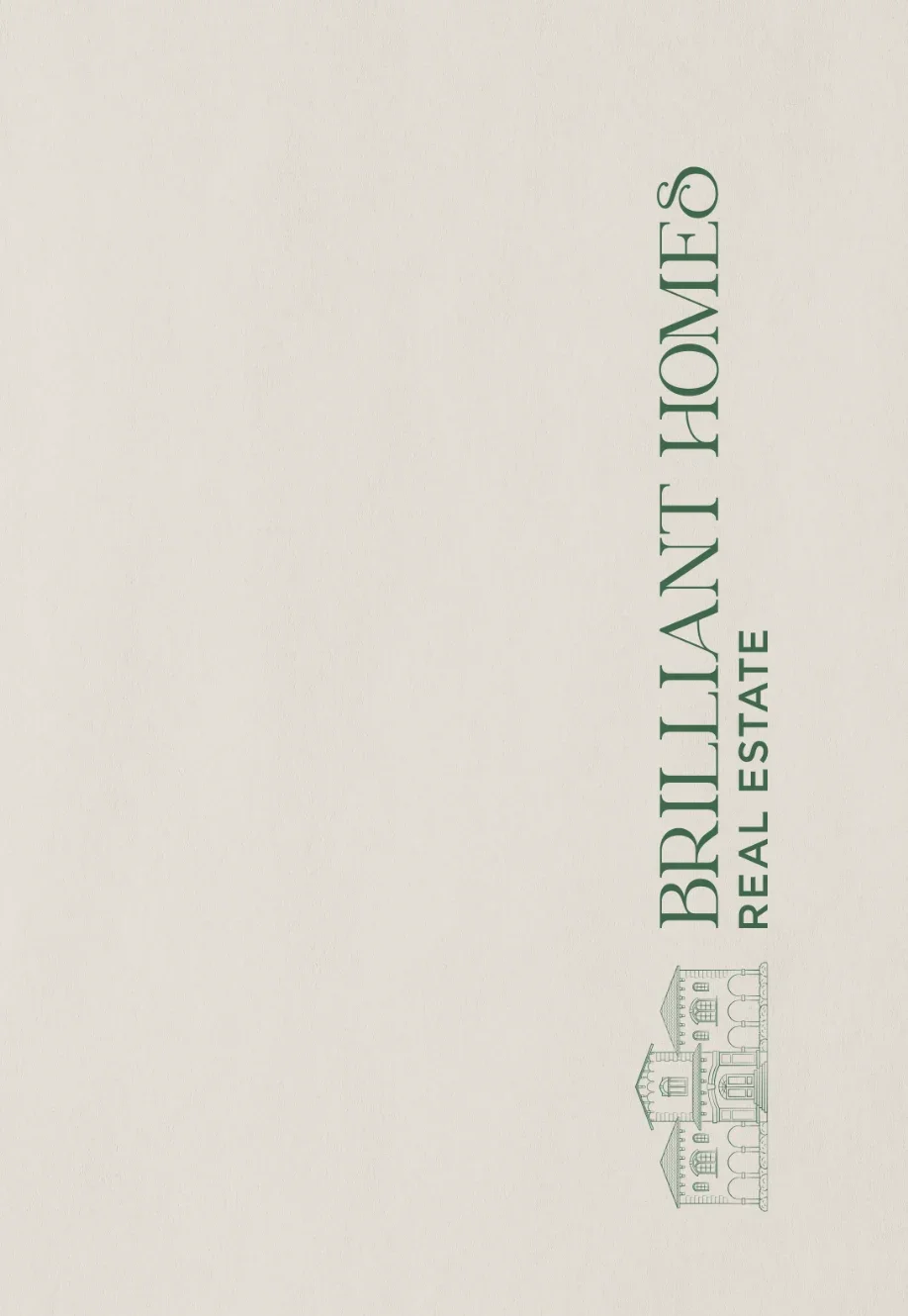 Folleto de bienes raíces que dice 'Brilliant Homes' y 'Real Estate' con una ilustración de una casa colonial antigua en la esquina inferior derecha.