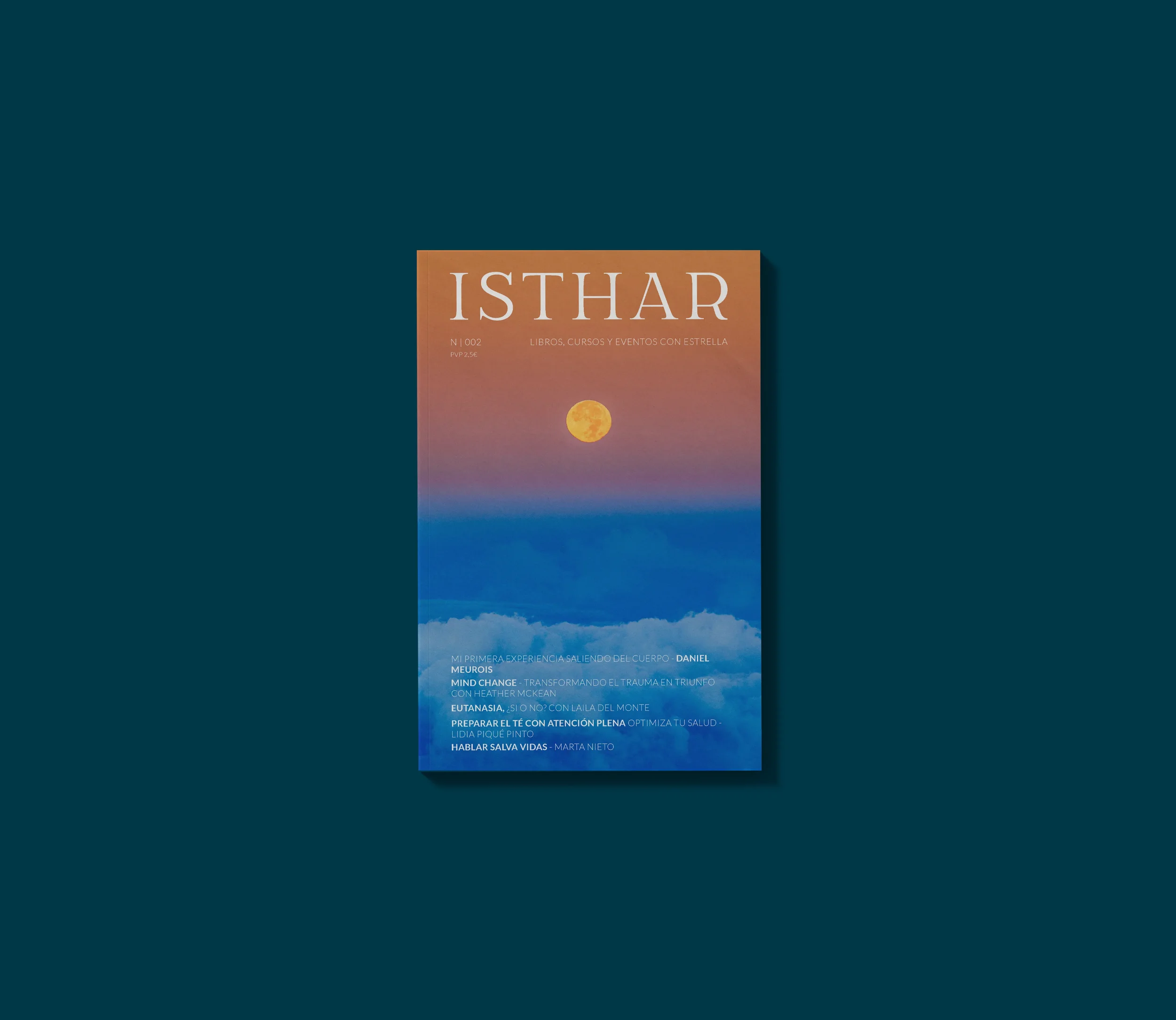 Revista llamada ISTHAR con portada que muestra una luna llena sobre un cielo con tonos rosados, naranjas y azules, y nubes en la parte inferior.