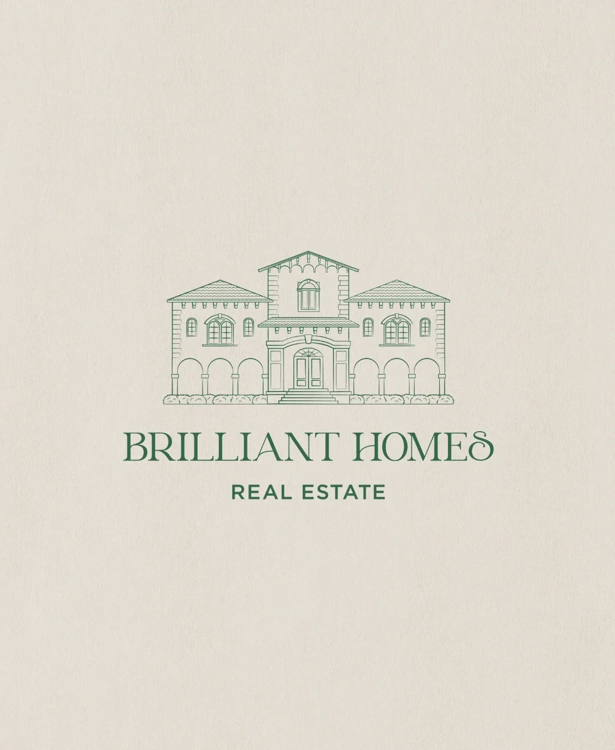 Logotipo de una empresa inmobiliaria llamada Brilliant Homes con un dibujo de una casa grande en estilo línea y en tonos verdes, sobre fondo de color beige