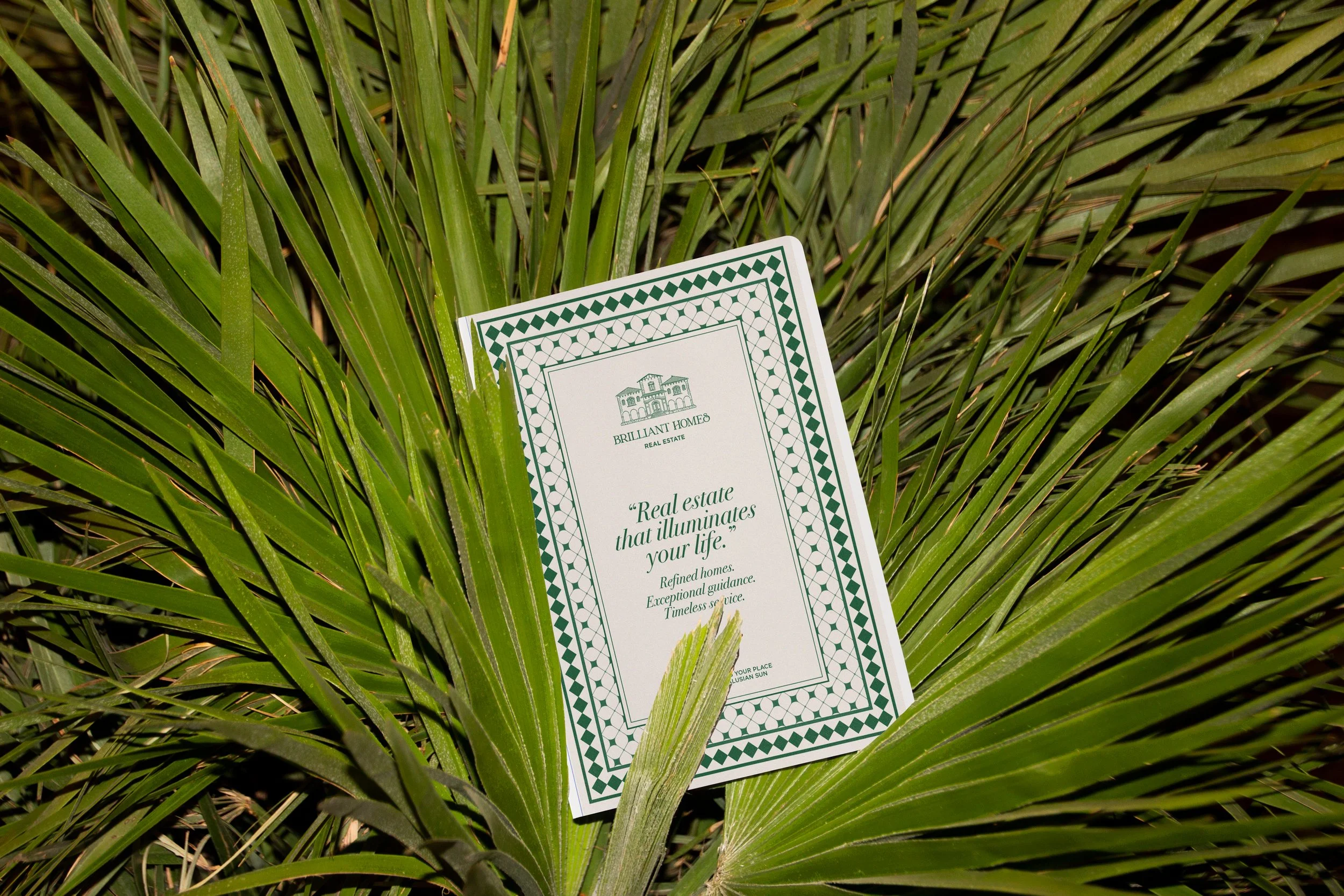 Un folleto de bienes raíces sobre hojas verdes, que dice 'Brilliant Home, bienes raíces' y 'El bienes raíces que ilumina tu vida', con detalles decorativos en verde.