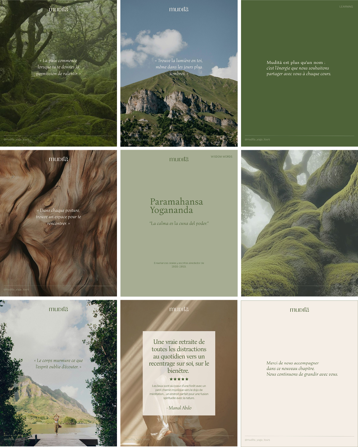 Una serie de nueve imágenes relacionadas con la naturaleza y el bienestar espiritual, incluyendo montañas, árboles cubiertos de musgo, pinos, caminos y textos en diferentes idiomas que hablan de paz, introspección y meditación.