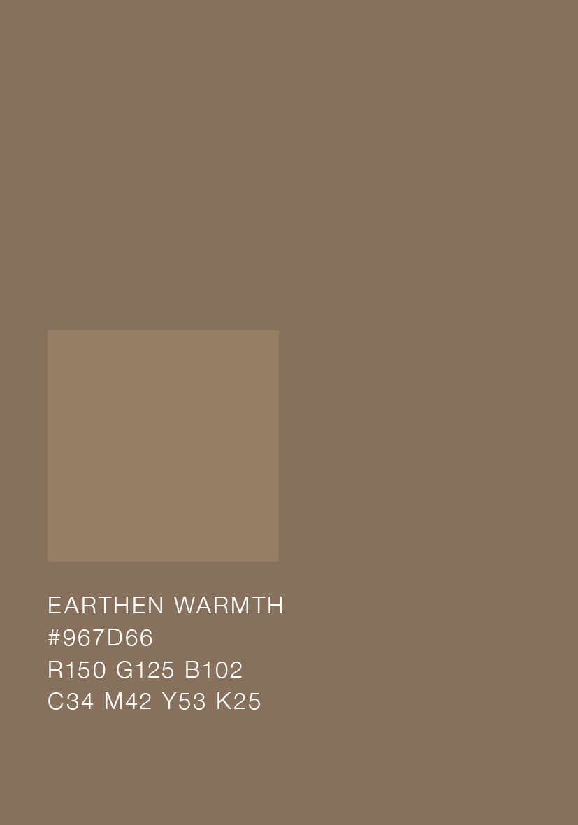 Muestra de color en tono marrón cálido con código de color y detalles de pintura, indicado como 'Earthen Warmth'.