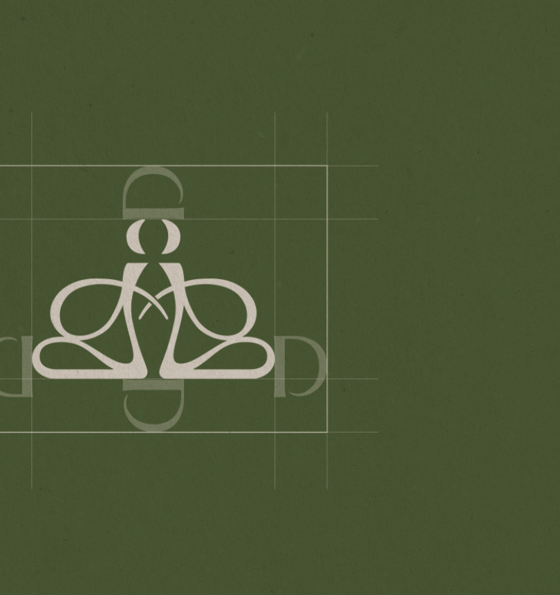 Diseño gráfico de un símbolo de yoga con una figura en postura de meditación, en fondo verde.