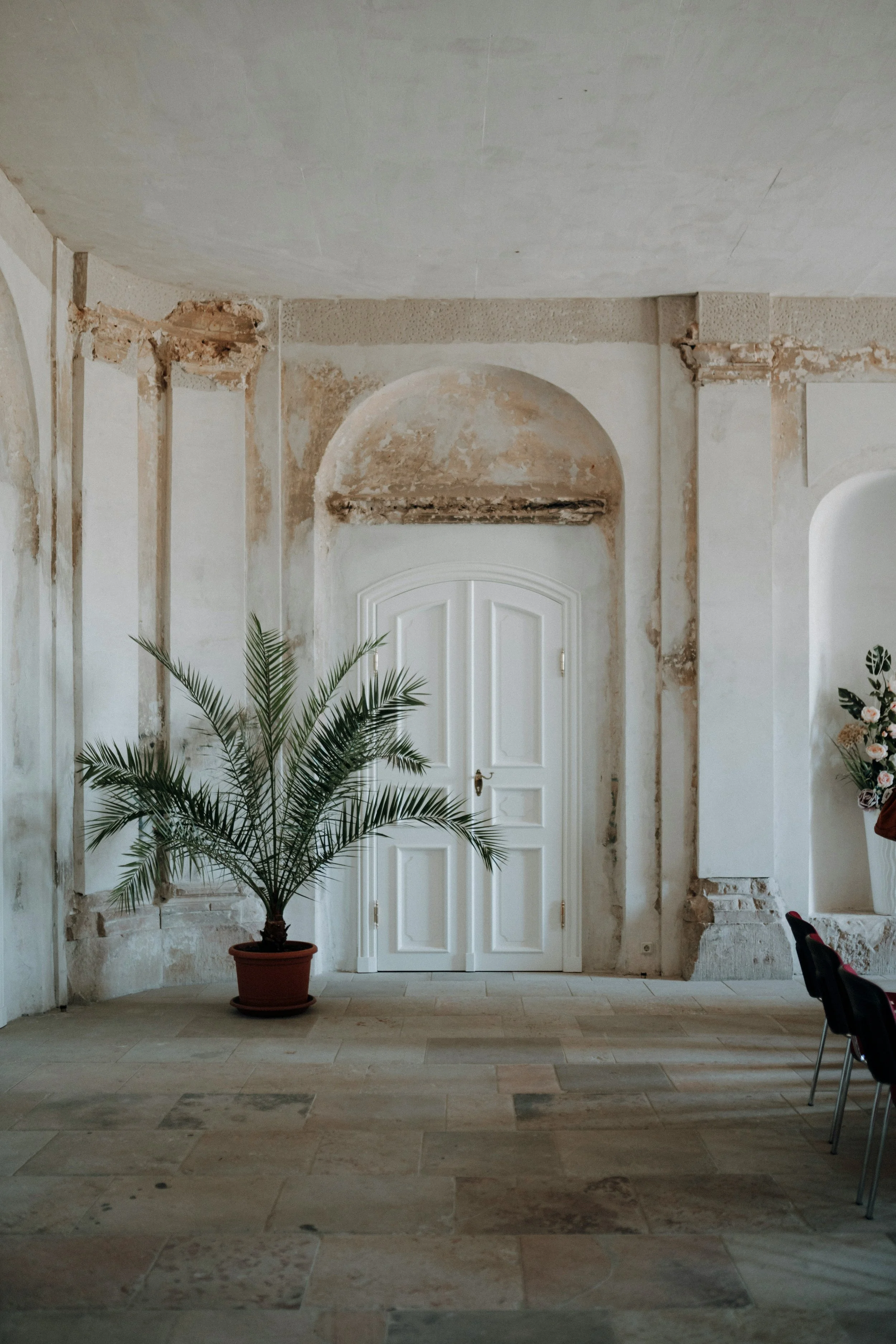 Interior de una habitación con paredes en proceso de renovación, una planta en una maceta y sillones en el lado derecho.