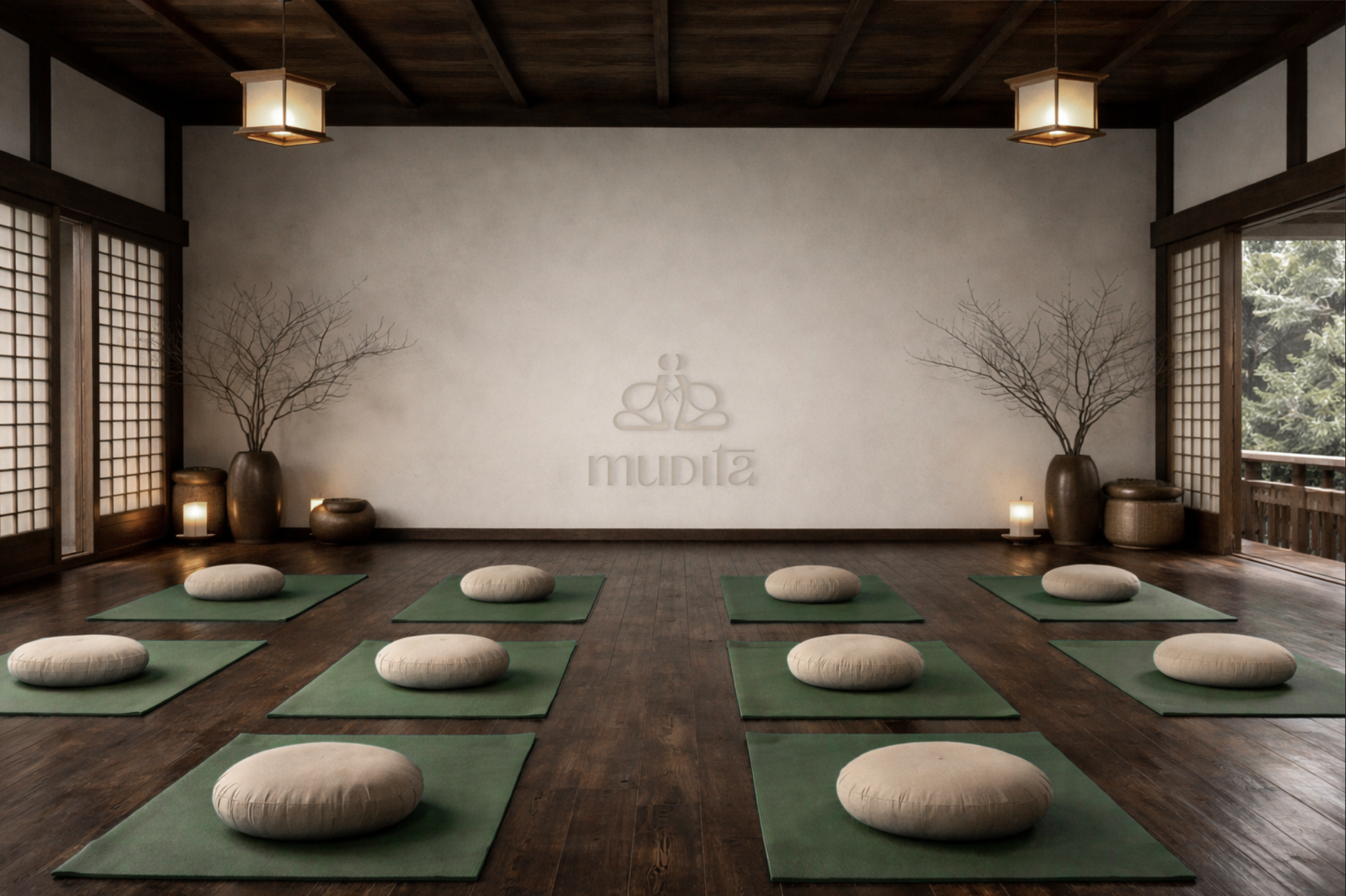 Sala de yoga con ocho alfombrillas verdes colocadas en filas, cada una con un cojín beige, paredes blancas, dos grandes jarrones con ramas secas, puertas correderas de madera y papel, lámparas de techo, luz natural entrando por las ventanas abiertas, y un logo con la palabra 'mudita' en la pared trasera.