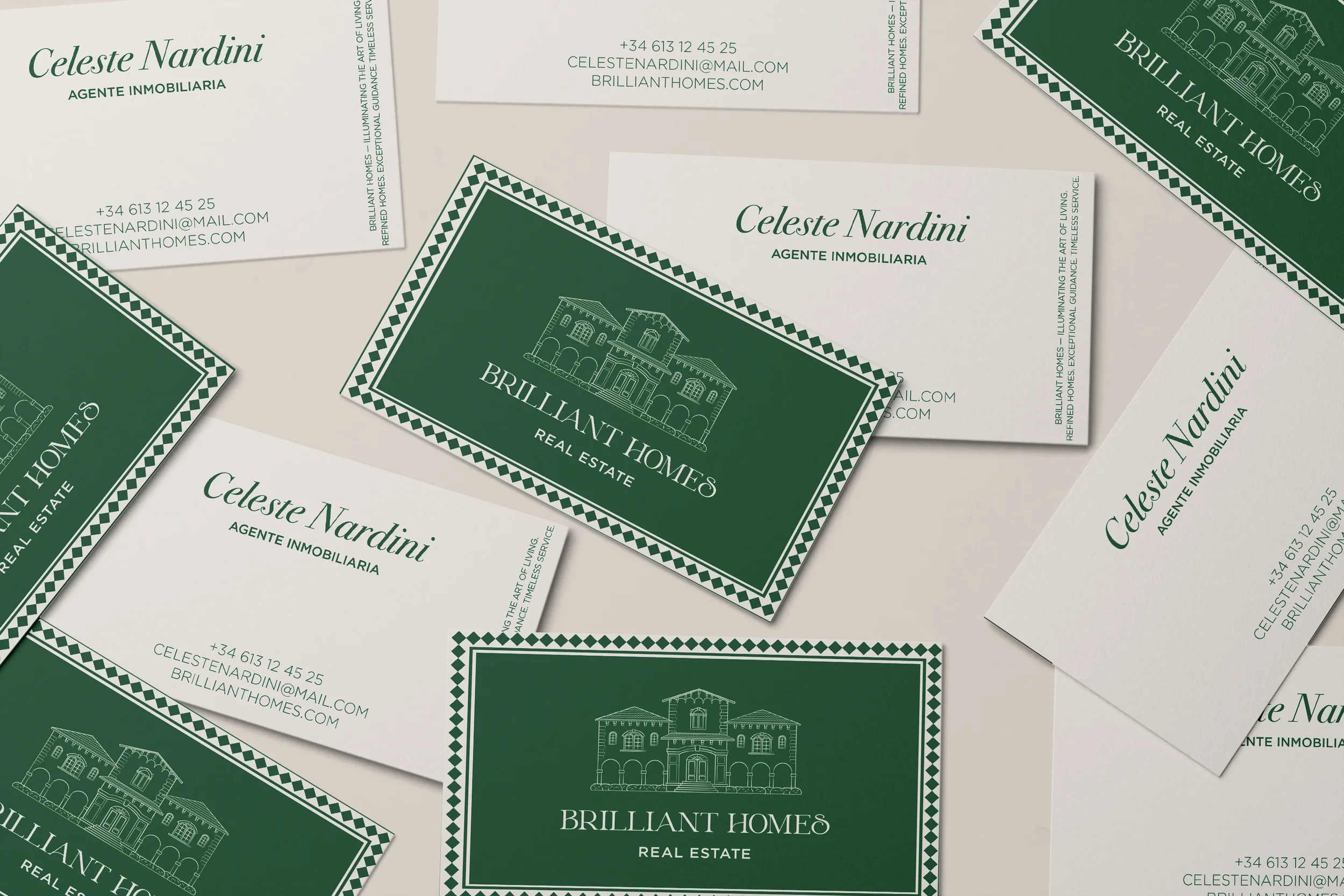 Tarjetas de visita de la agente inmobiliaria Celeste Nardini y la empresa Brilliant Homes, en color verde y blanco, con logotipo de una casa y texto de contacto.