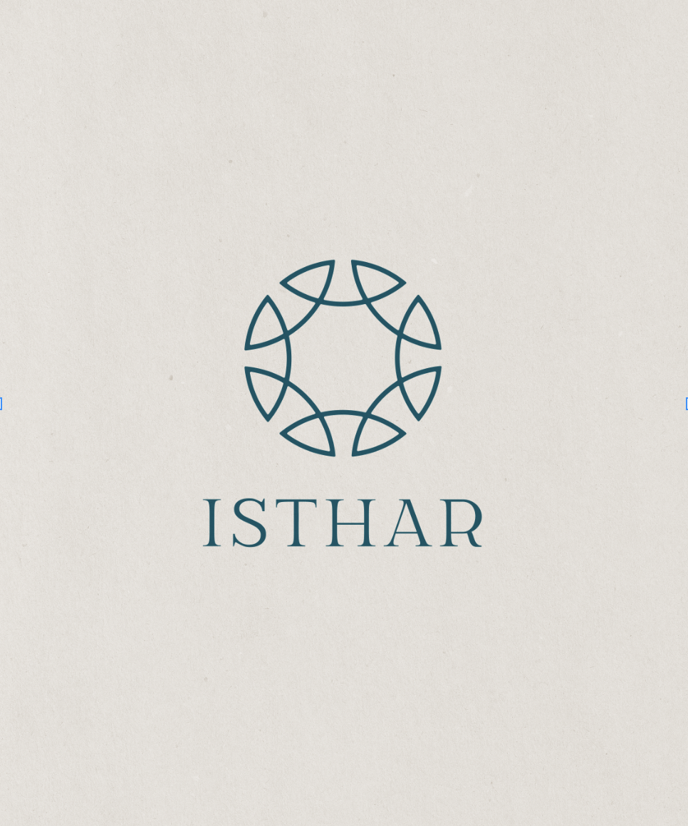 Logotipo con un diseño circular abstracto y el texto 'ISTHAR' debajo.