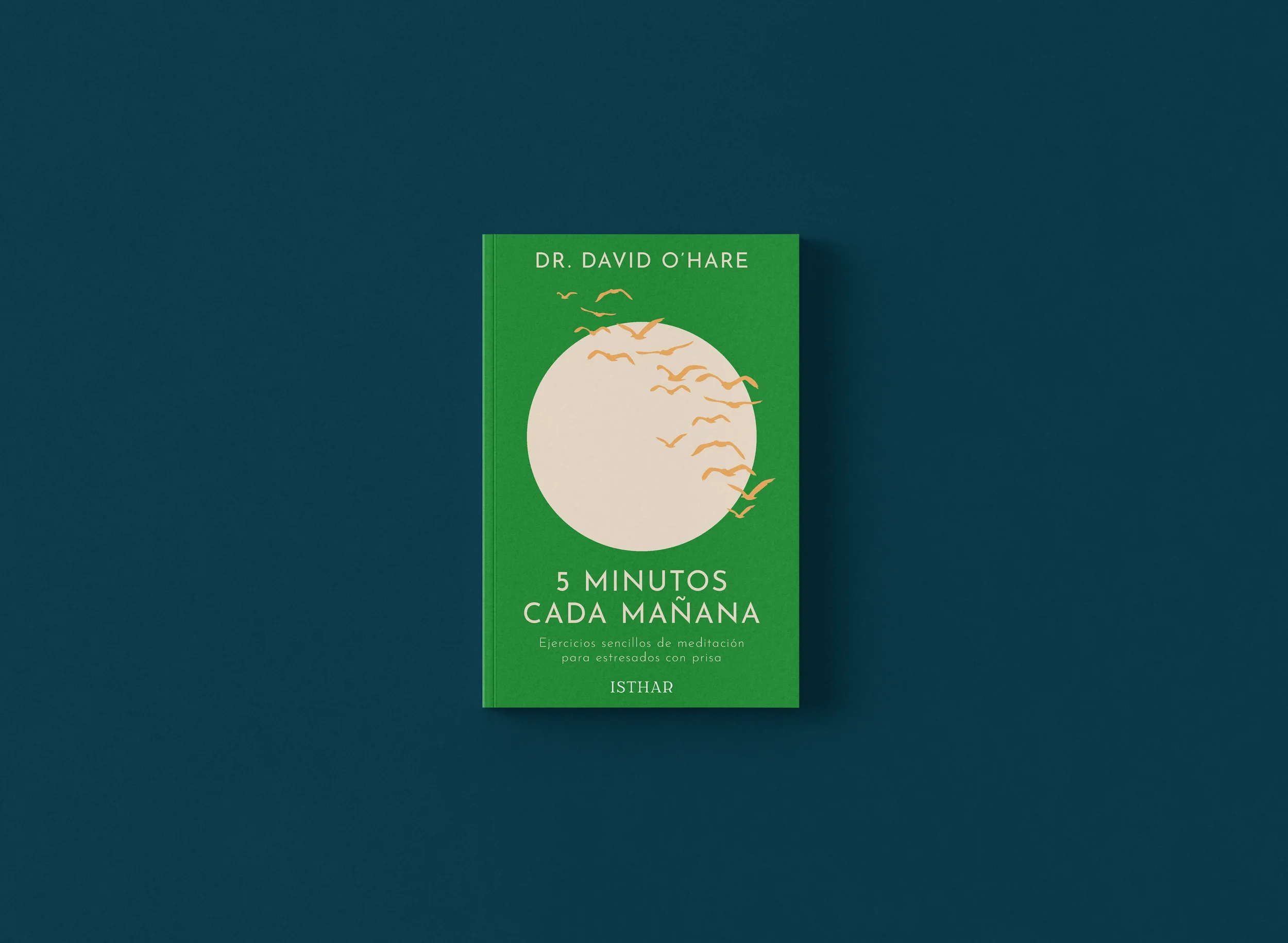 Libro de color verde con ilustración de un sol y aves, titulado "5 minutos cada mañana"