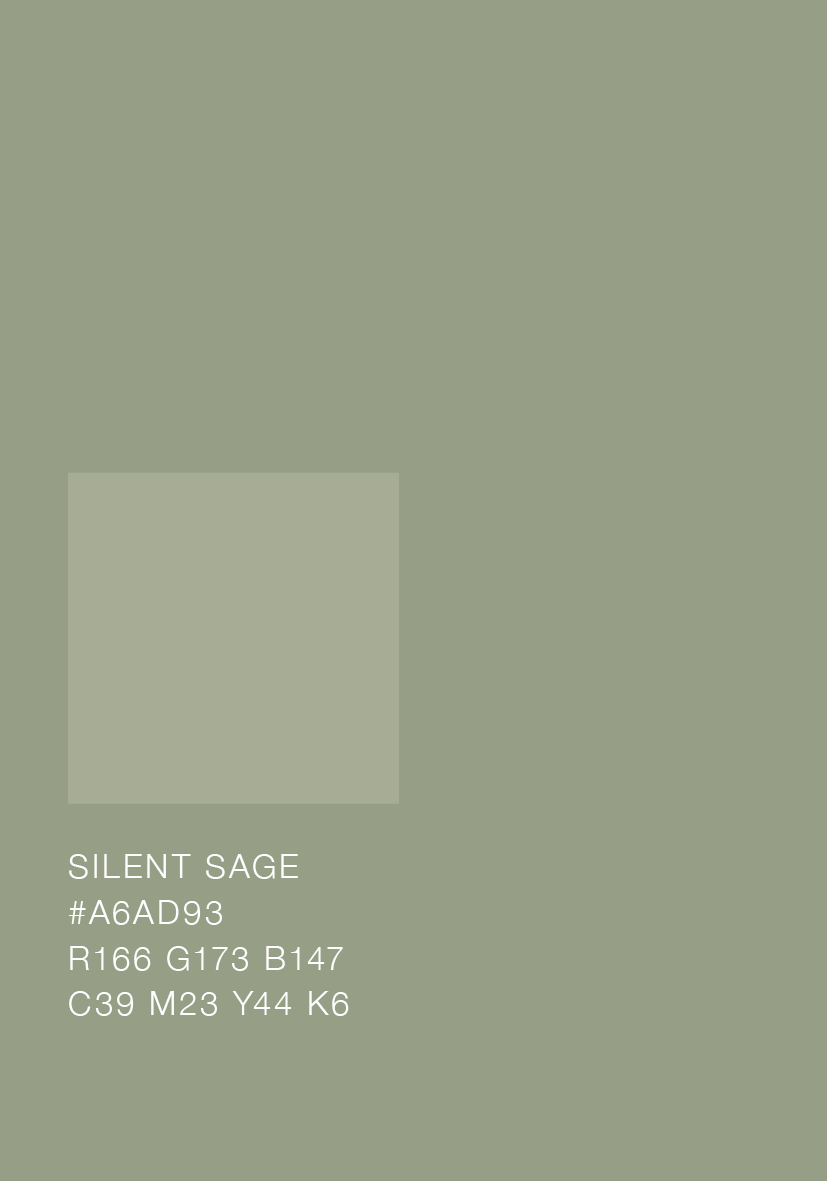 Muestra de color verde grisáceo llamado 'SILENT SAGE' con código #A6AD93, y valores de color en diferentes modelos: R166 G173 B147, C39 M23 Y44 K6