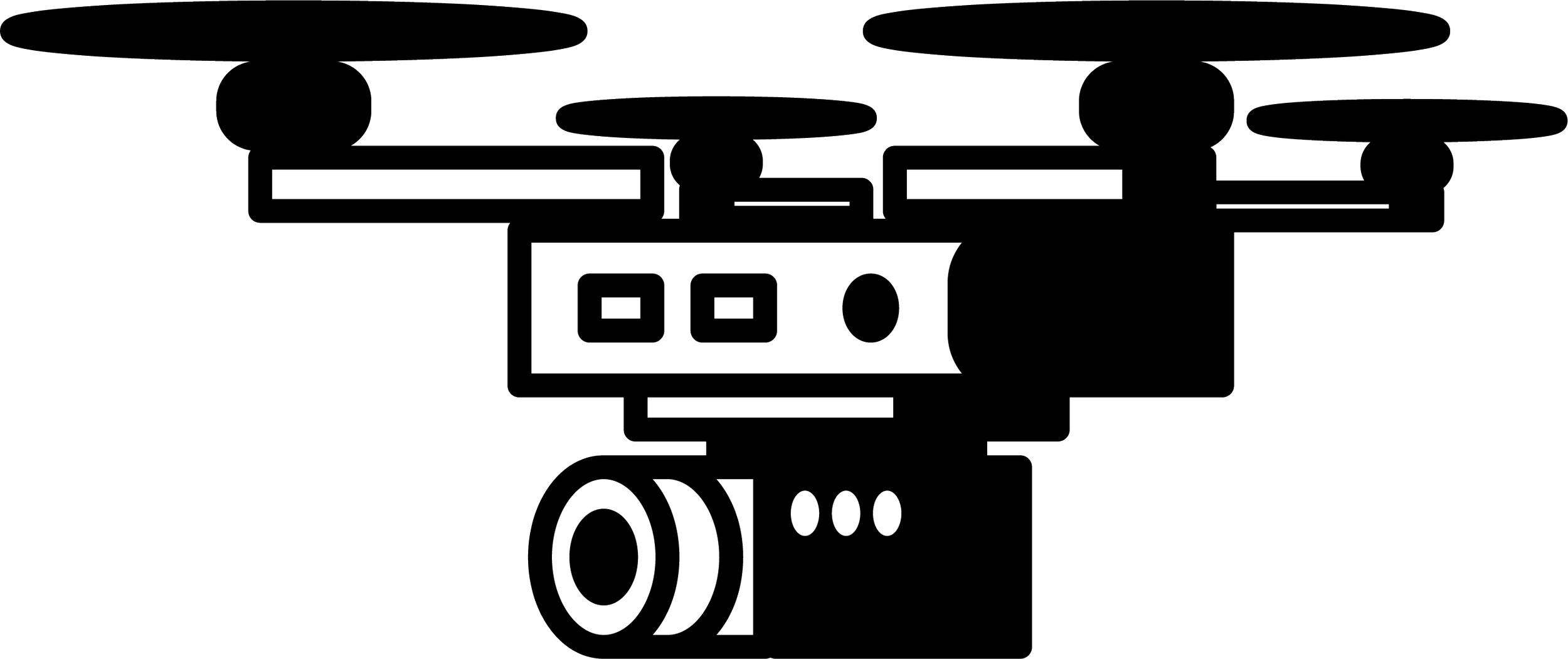 Schéma d'un drone quadricoptère en vue de dessous, montrant ses hélices, sa caméra et la structure principale.