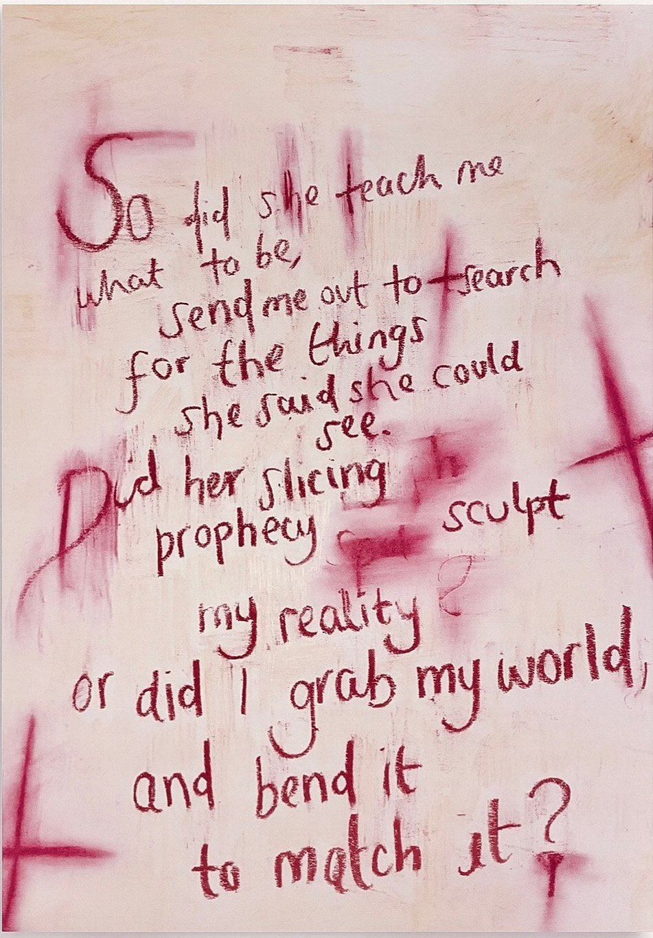 Red graffiti text on a wall with a poem, including words like 'sculpt,' 'prophecy,' and 'reality.'