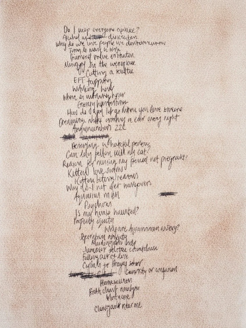 Handwritten poem or notes on beige paper with several lines crossed out and some words underlined.