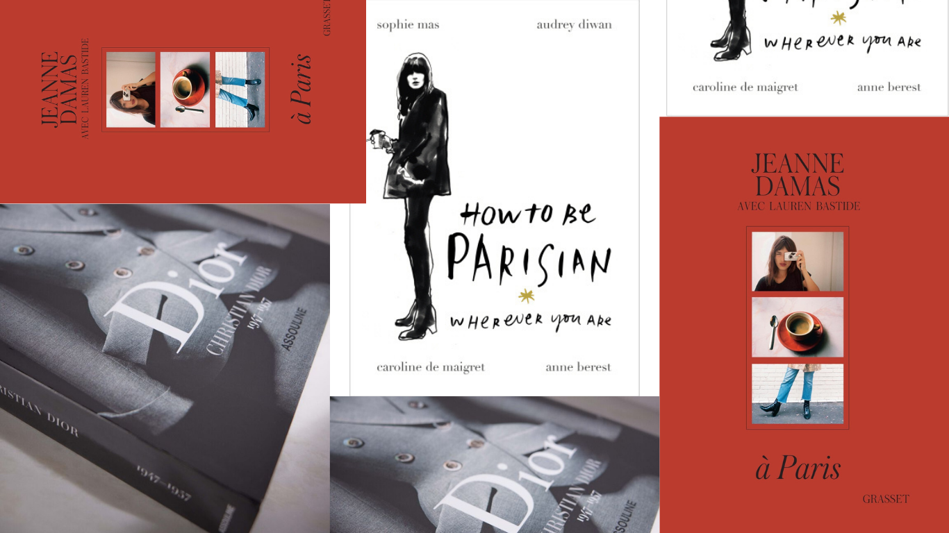 Three Paris‑themed books featuring Parisian lifestyle, chic fashion, and Christian Dior couture design.