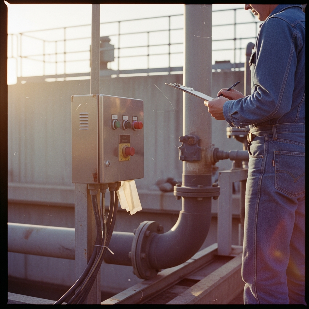 A person in blue denim standing on an industrial platform, writing on a clipboard near pipes and a control box with buttons, during sunset.