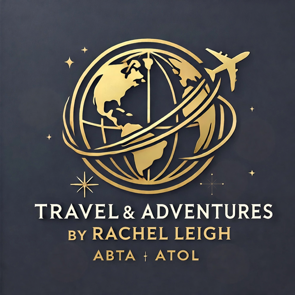 Golden logo of a globe with a plane flying around it, surrounded by stars, and text that reads 'Travel & Adventures by Rachel Leigh ABTA & ATOL'