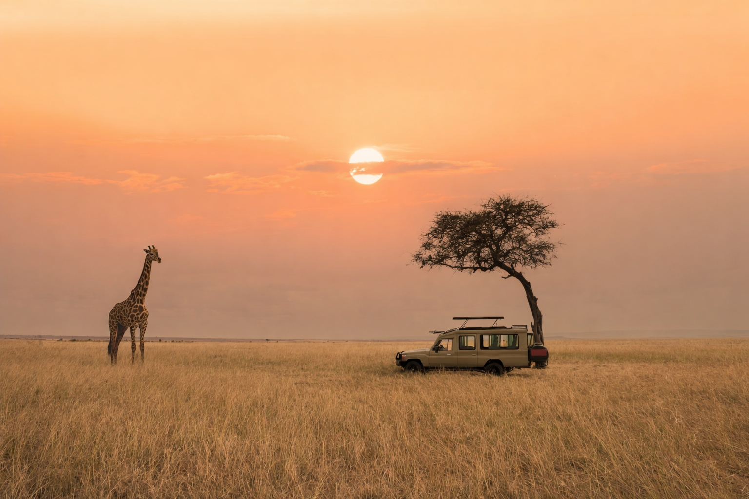 A safari scene with a giraffe near a vehicle and a lone tree, during sunset in a grassy plain.