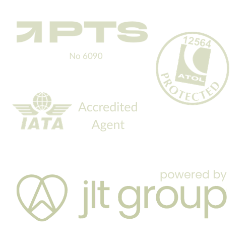 Collection of logos including PTS, ATOL protected, IATA Accredited Agent, and JLT Group.