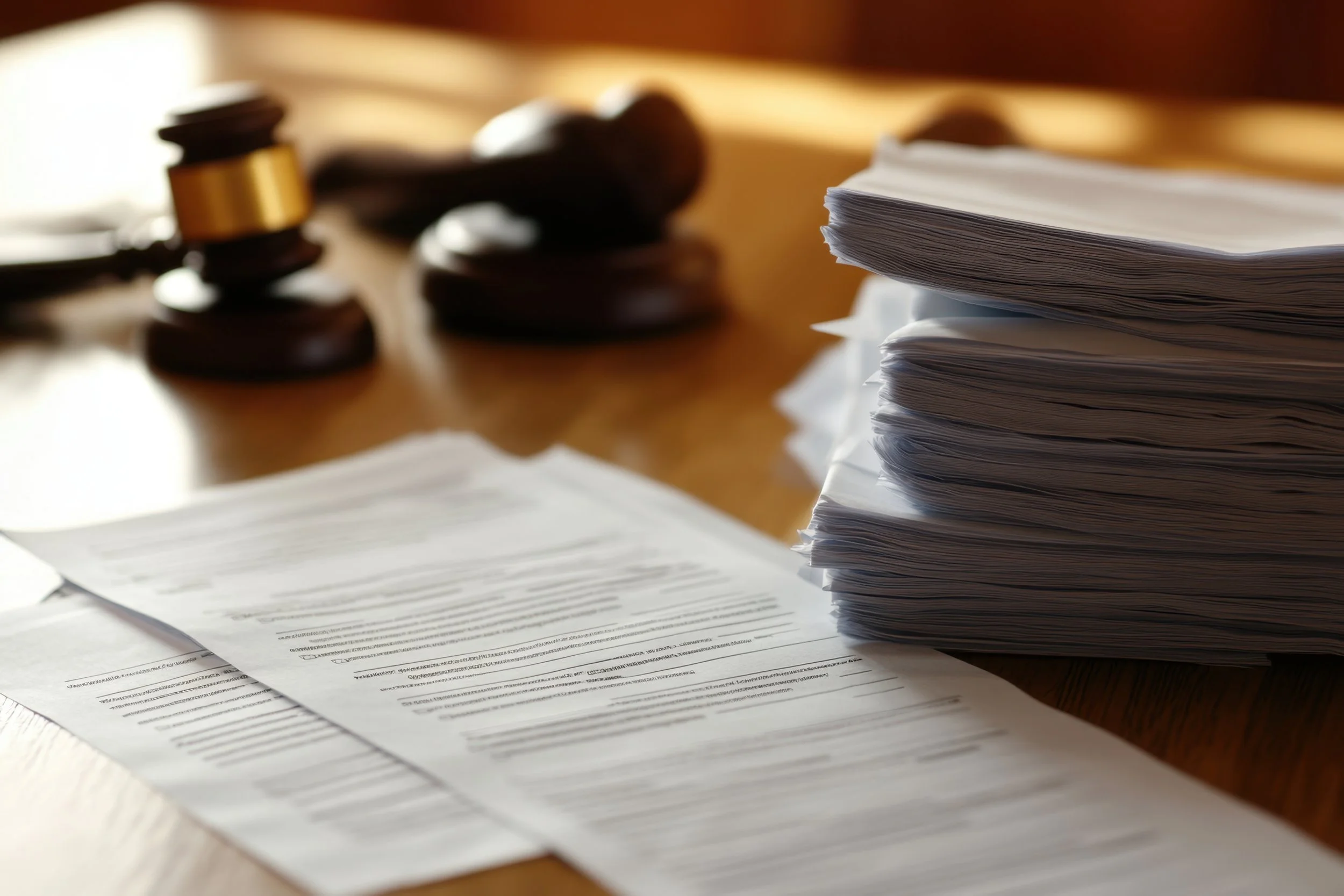 A stack of papers on a table with a gavel and a wooden bench