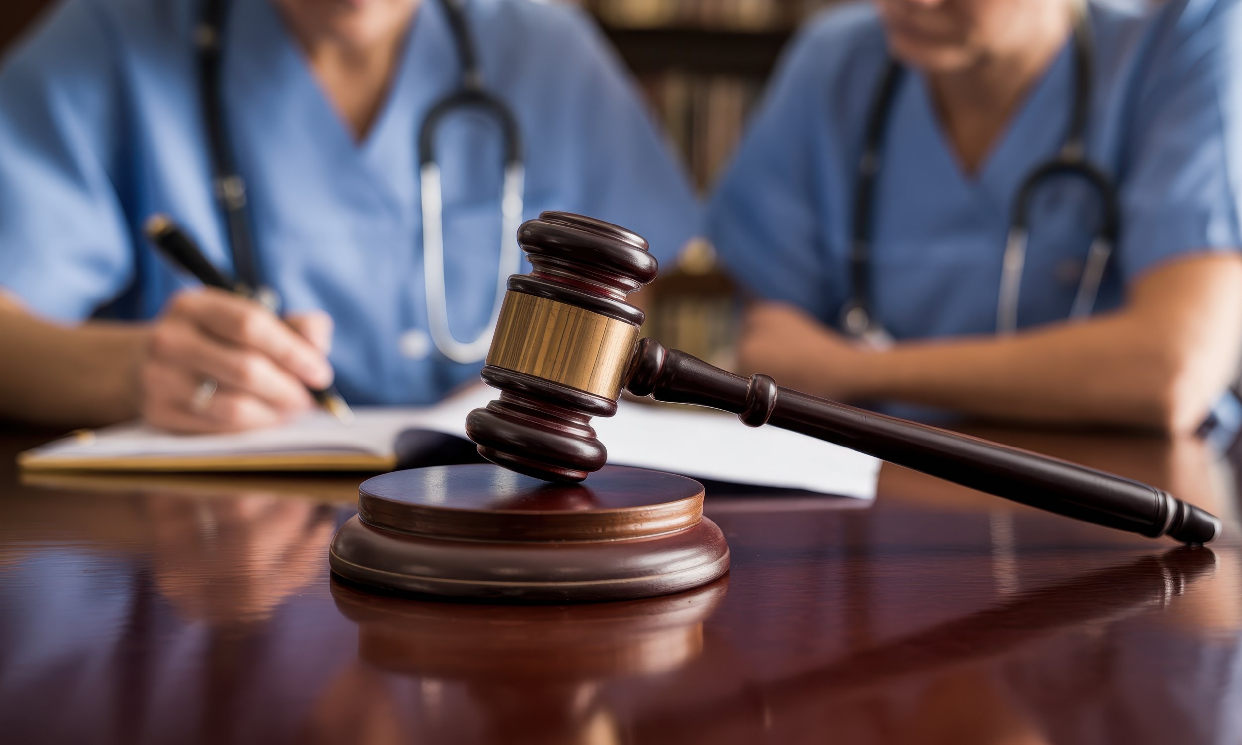 Gavel on desk symbolizing medical law and justice with healthcare professionals in background