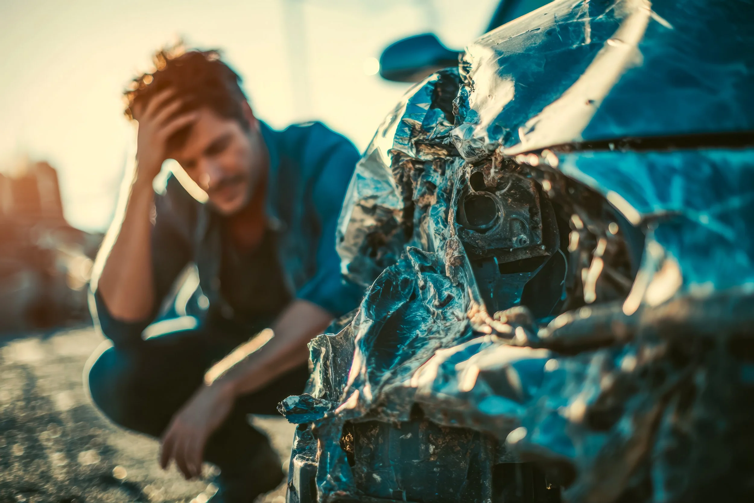 Man distressed by car accident damage on the roadside