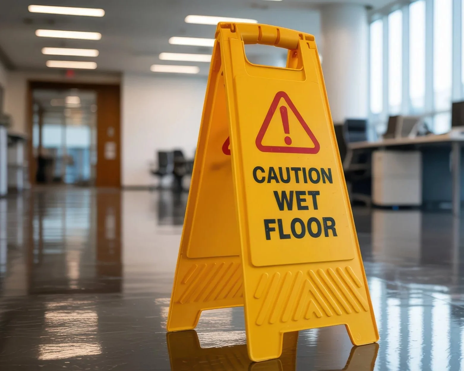 Caution Sign on Wet Floor in Modern Office Building