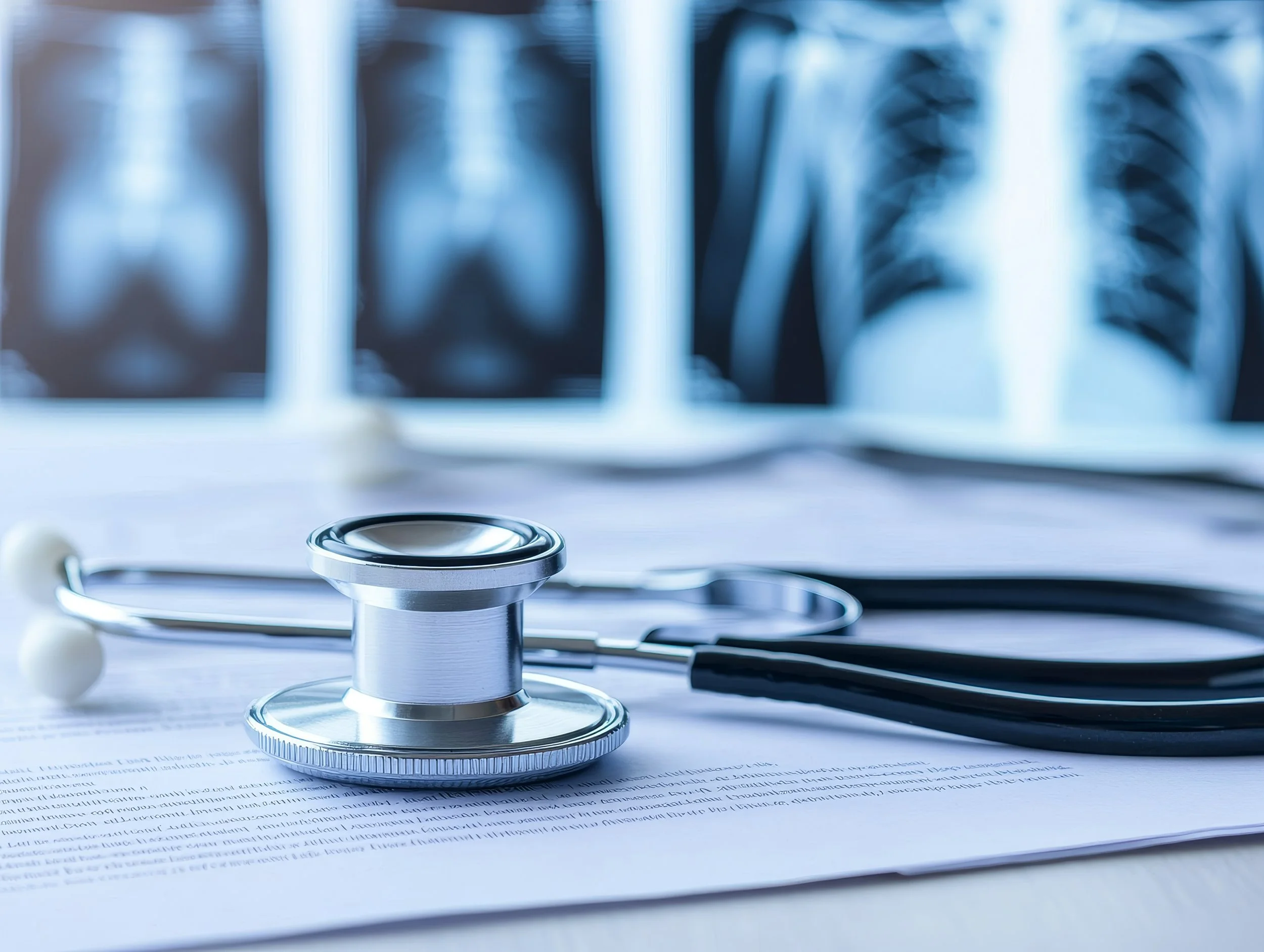 Stethoscope on medical papers with X-ray images in the background.
