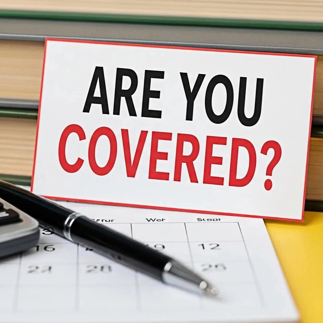 A sign with the text 'Are you covered?' in black and red letters, placed on a desk near a calendar and a pen.