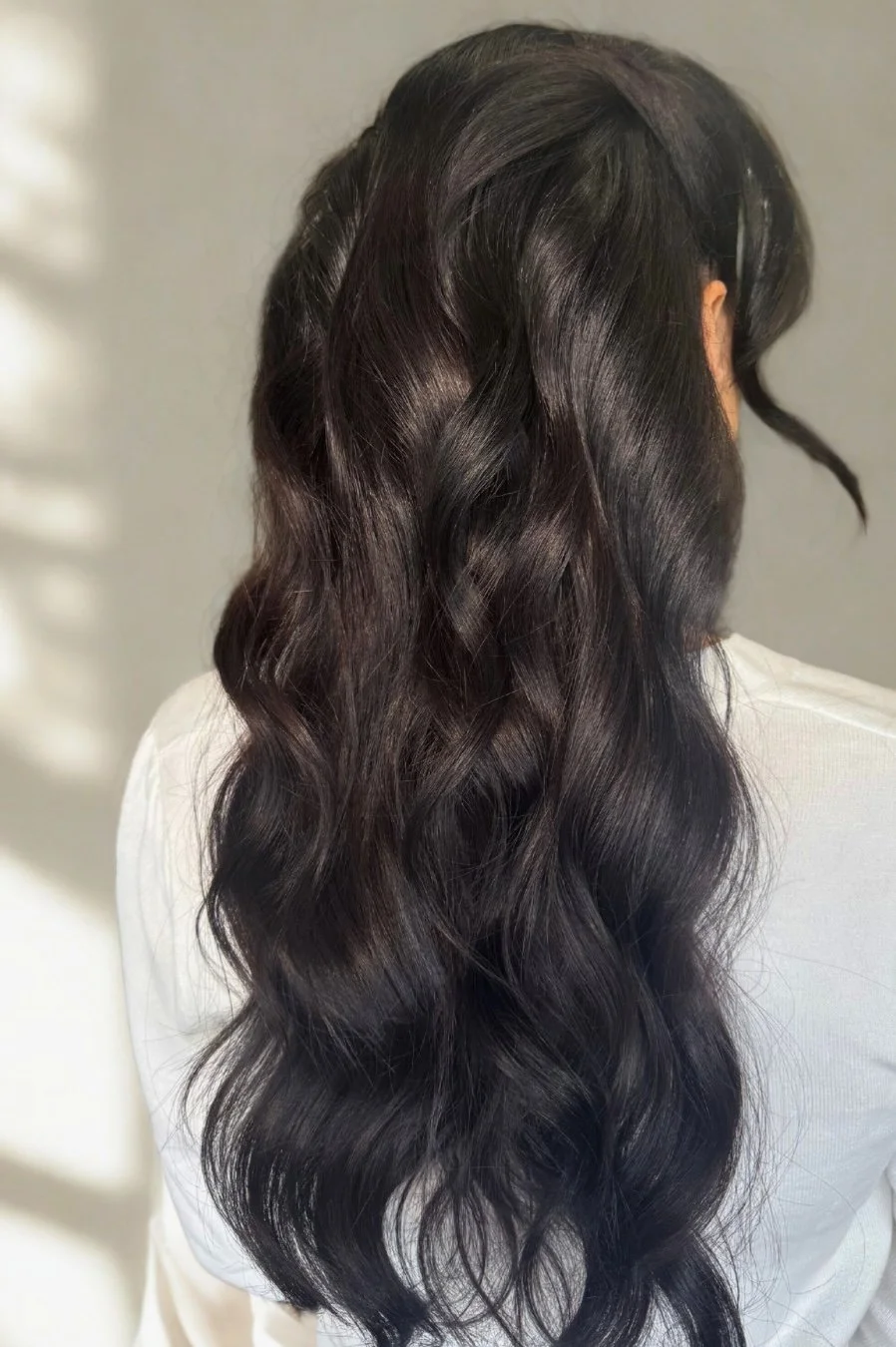 Long, wavy, dark brown hair with a shiny finish, seen from the back