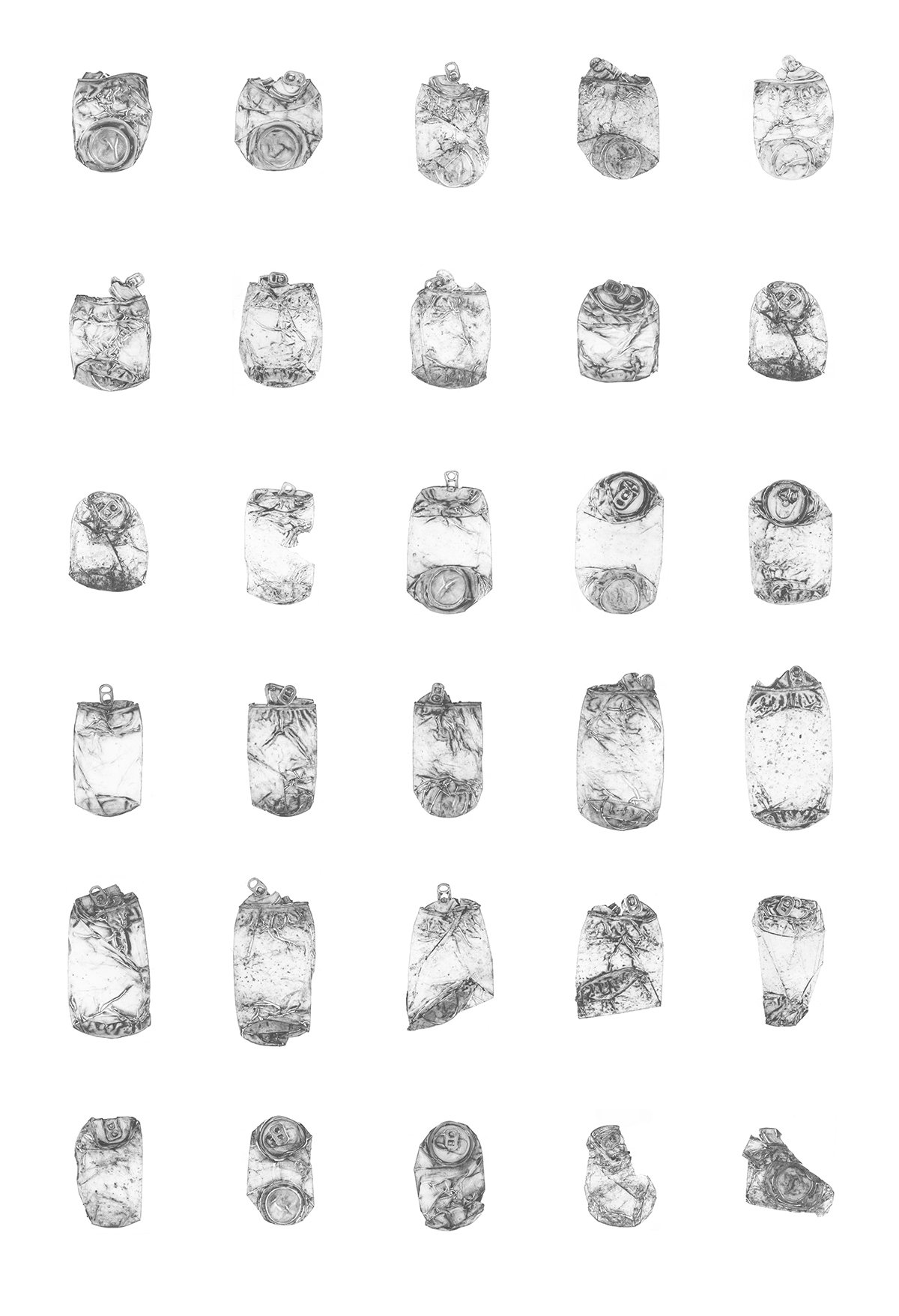 Black and white illustration of multiple crushed soda cans arranged in a grid pattern.