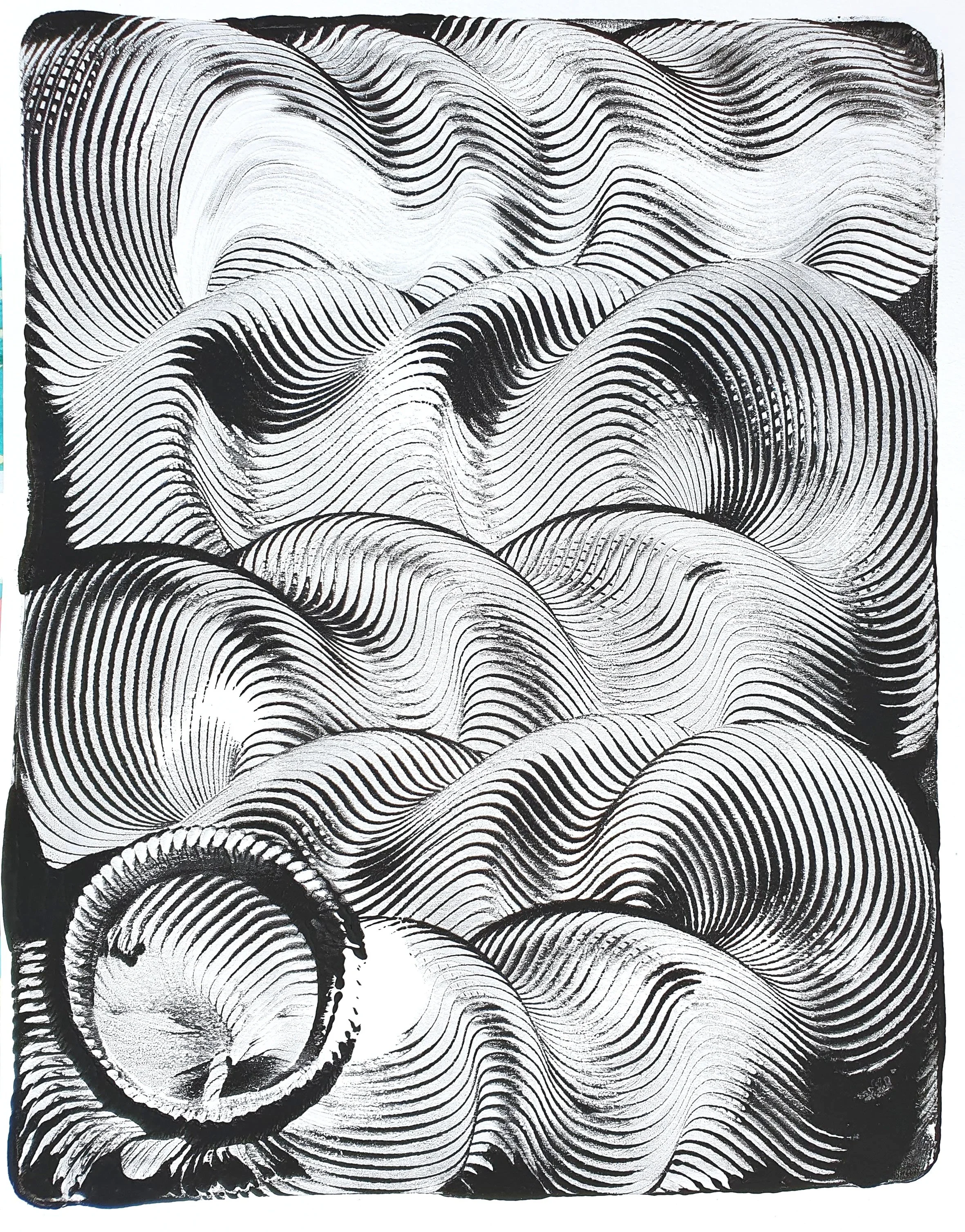 A black and white abstract drawing resembling a shell and ocean waves with intricate, flowing lines.