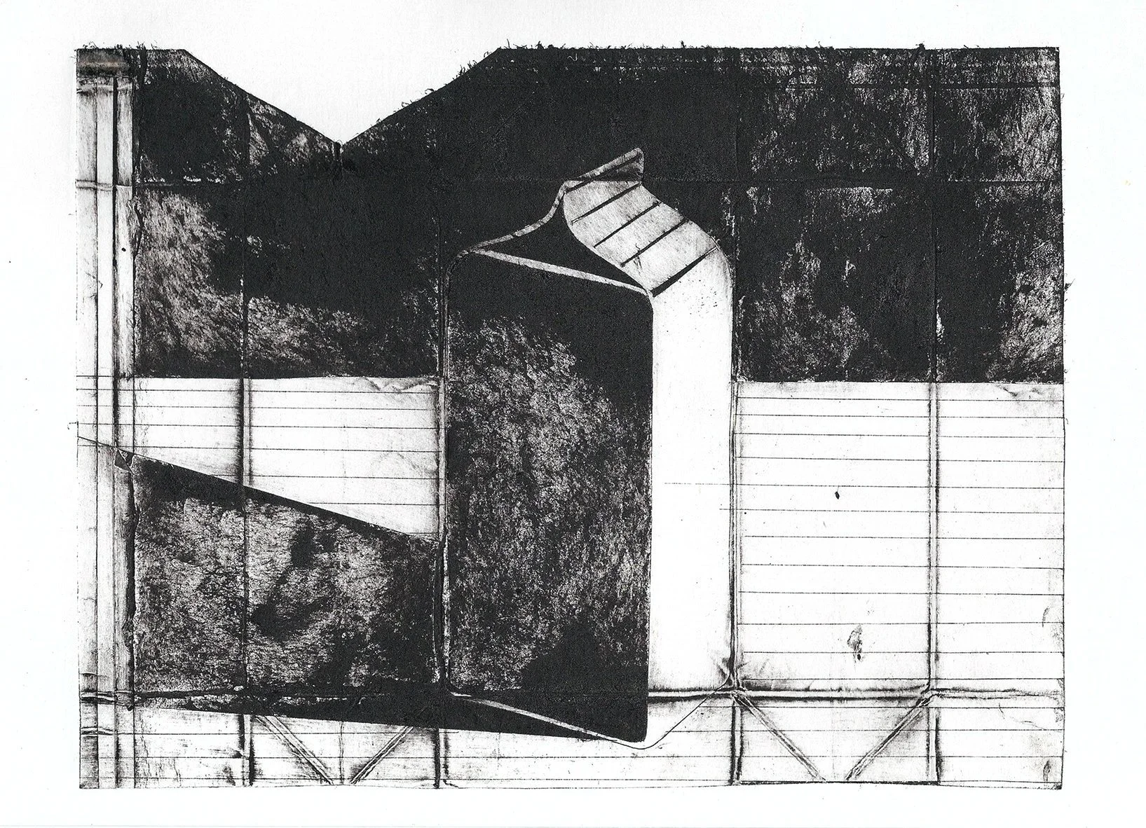 Black and white sketch of a metal tank on a support structure, with a grid or fencing in the background.