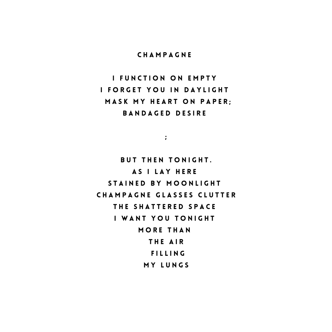 Poem titled 'Champagne' with centered black text on a white background, describing themes of love, desire, and longing.
