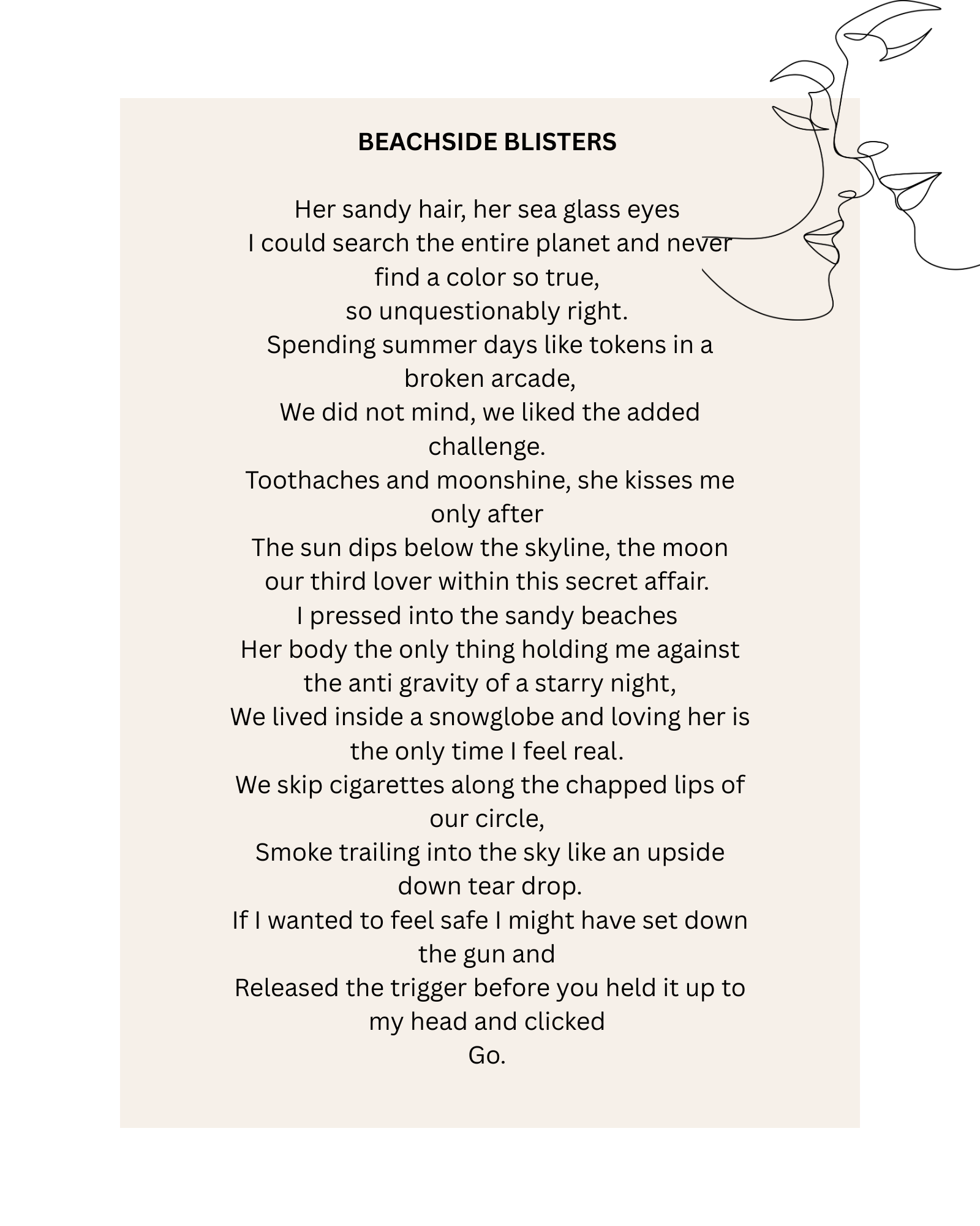 Poetry page titled 'Beachside Blisters' with a minimal line art illustration of two faces in profile at the top right corner.