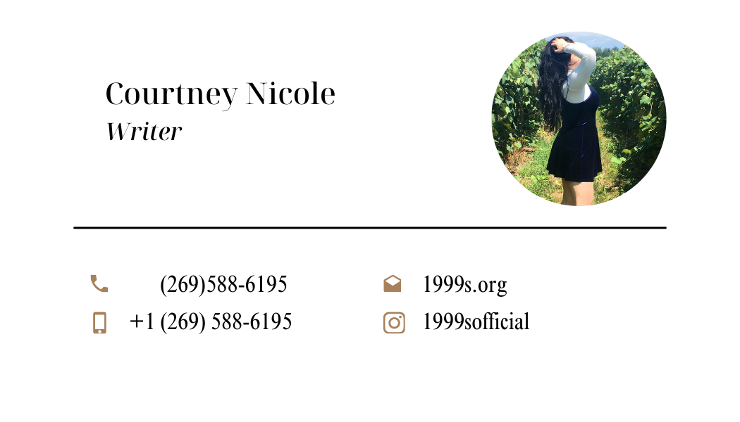 Business card for Courtney Nicole, writer. Contains a photo of a woman with long dark hair in a vineyard. Contact info includes phone number (269)588-6195, website 1999s.org, Instagram 1999sofficial, and a mobile number +1 (269) 588-6195.