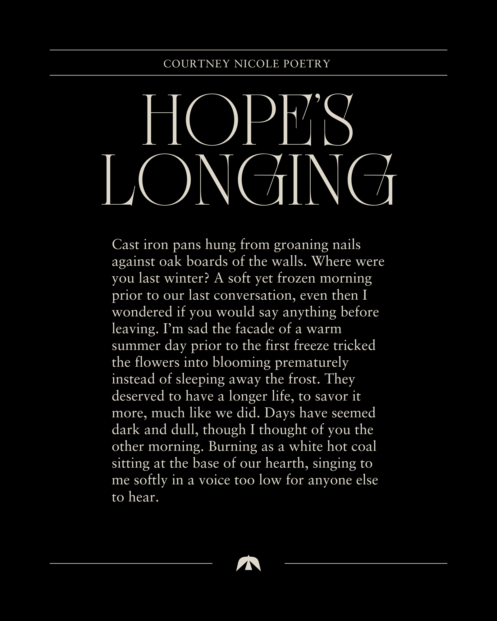 Cover of a poetry book titled 'Hope's Longing' by Courtney Nicole Poetry, featuring a black background with white text and decorative lines.