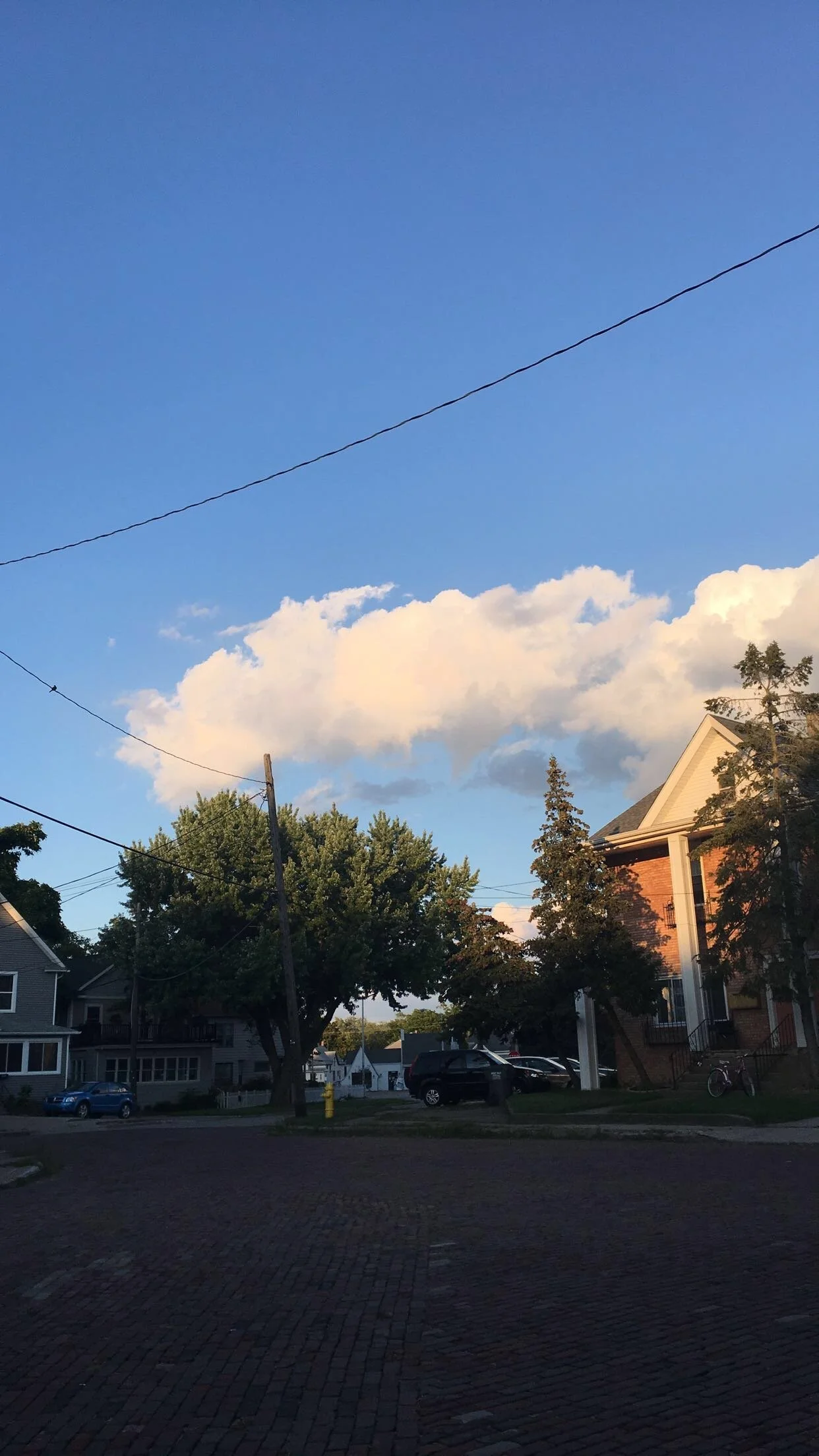 A suburban neighborhood street scene during sunset with a large tree, houses, parked cars, a bicycle, and overhead power lines under a partly cloudy sky.
