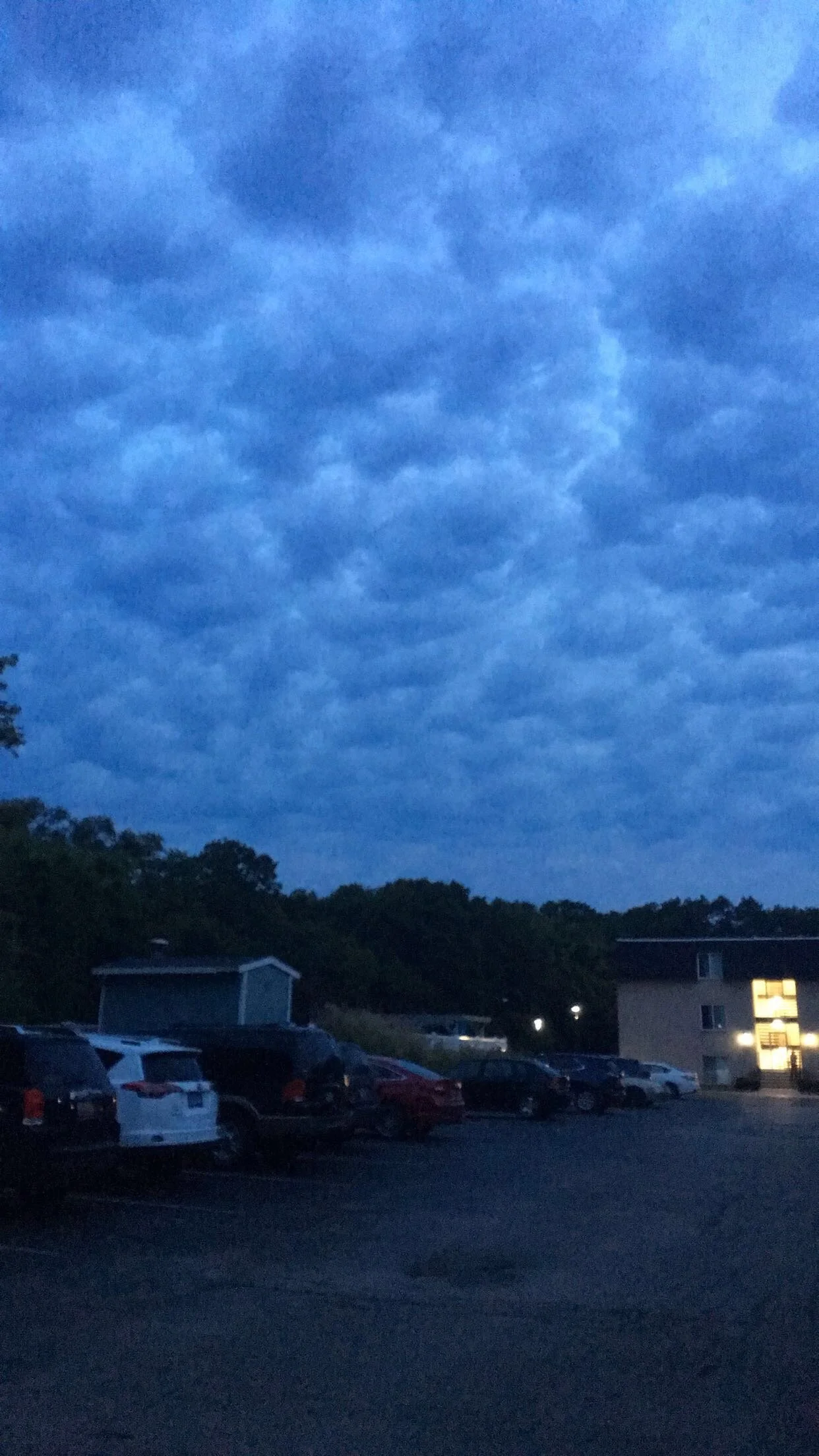 Parking lot with multiple cars, a small building, and an apartment complex in the background under a cloudy, blue sky at dusk.