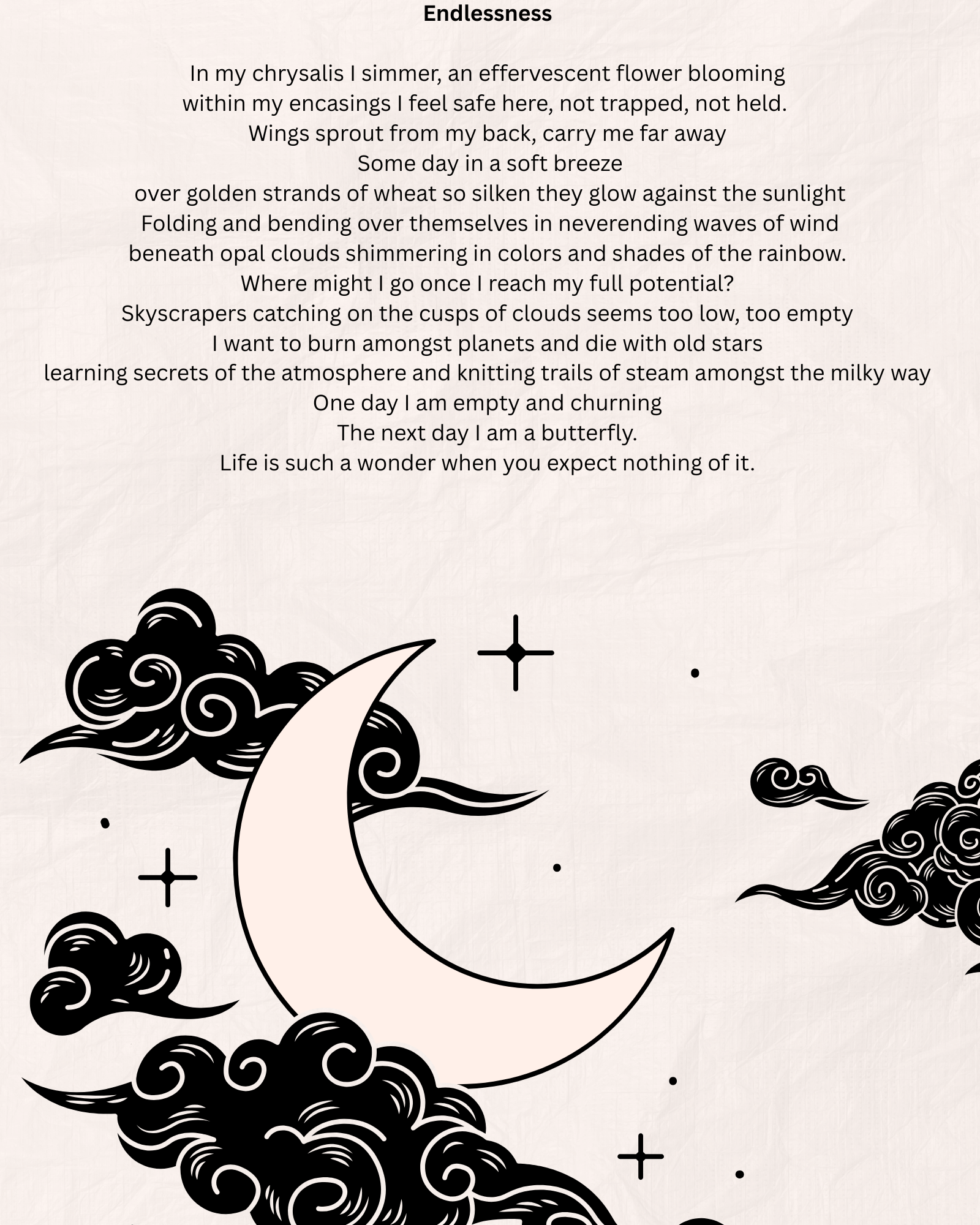 Poetry about the sky and stars accompanied by a black and white illustration of a crescent moon surrounded by clouds and stars.