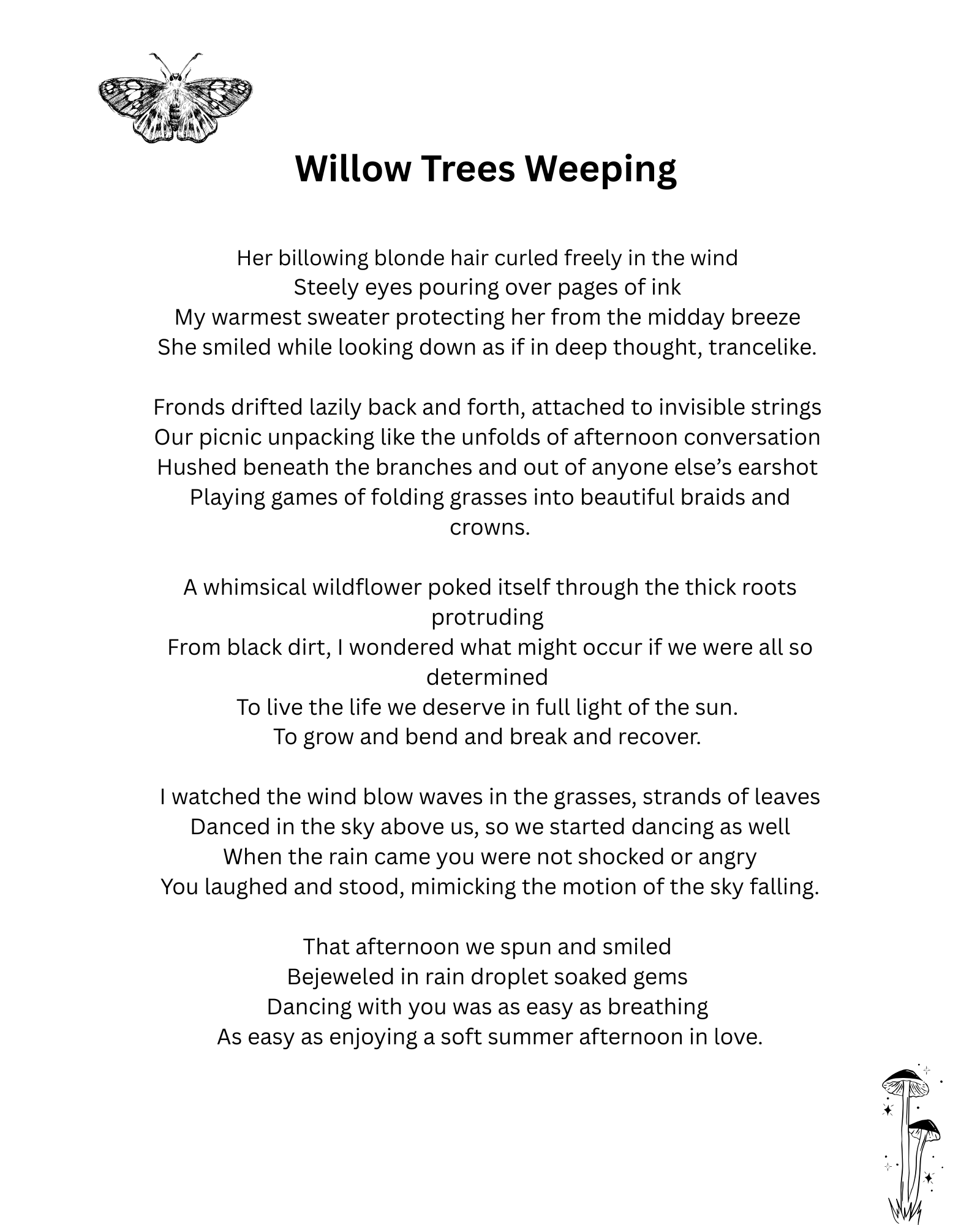 Poem titled 'Willow Trees Weeping' with illustrations of a butterfly at the top and mushrooms at the bottom right corner.