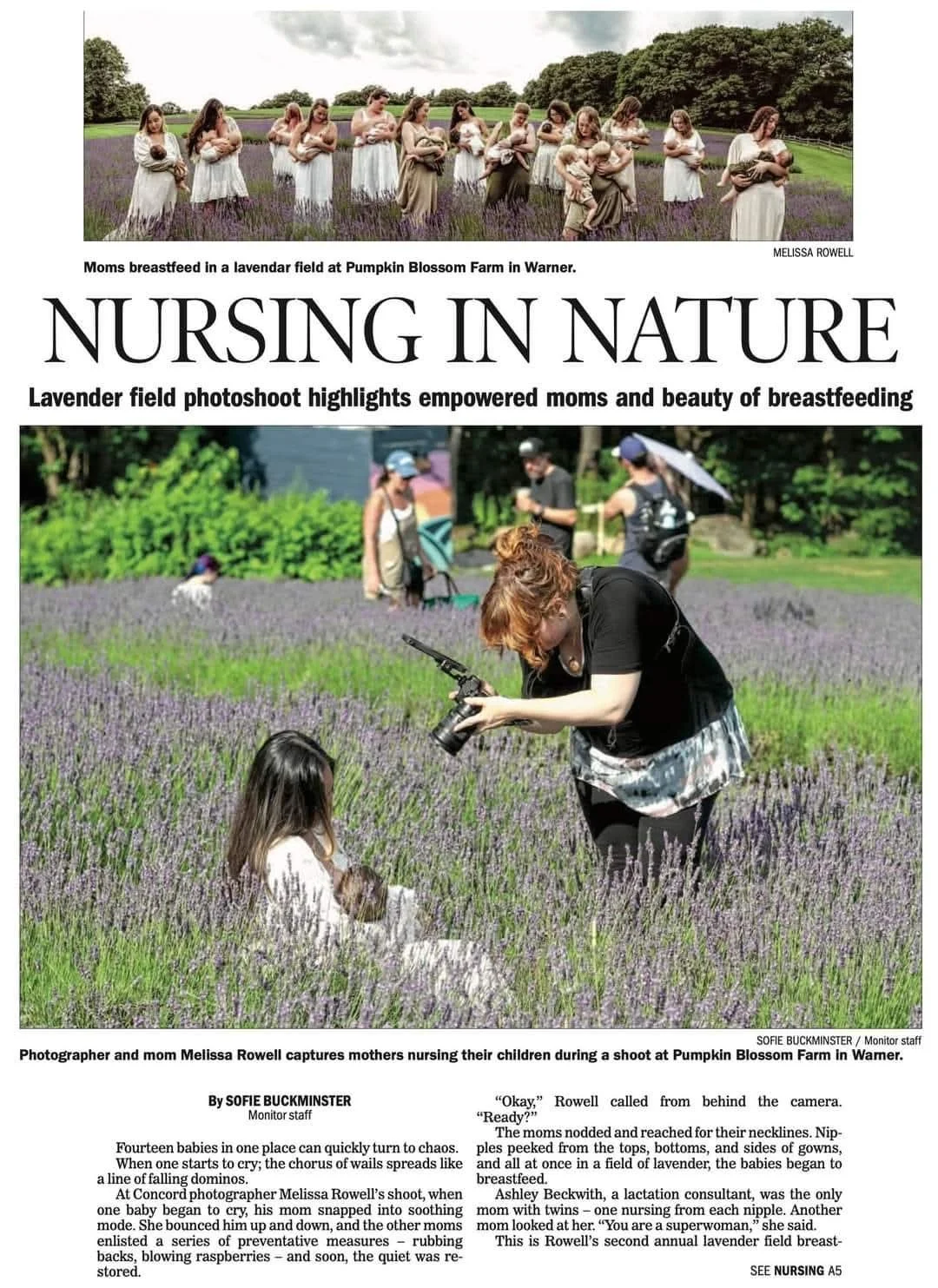 Photograph of mothers nursing their babies in a lavender field at Pumpkin Blossom Farm, with a photographer capturing the moment.