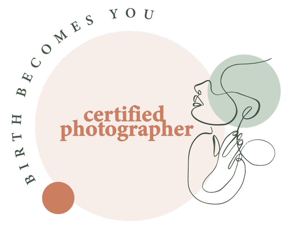 Illustration of a woman's profile in a minimalistic line art style with a large round background. The text 'certified photographer' is centered on the image. The design uses soft, earthy colors.