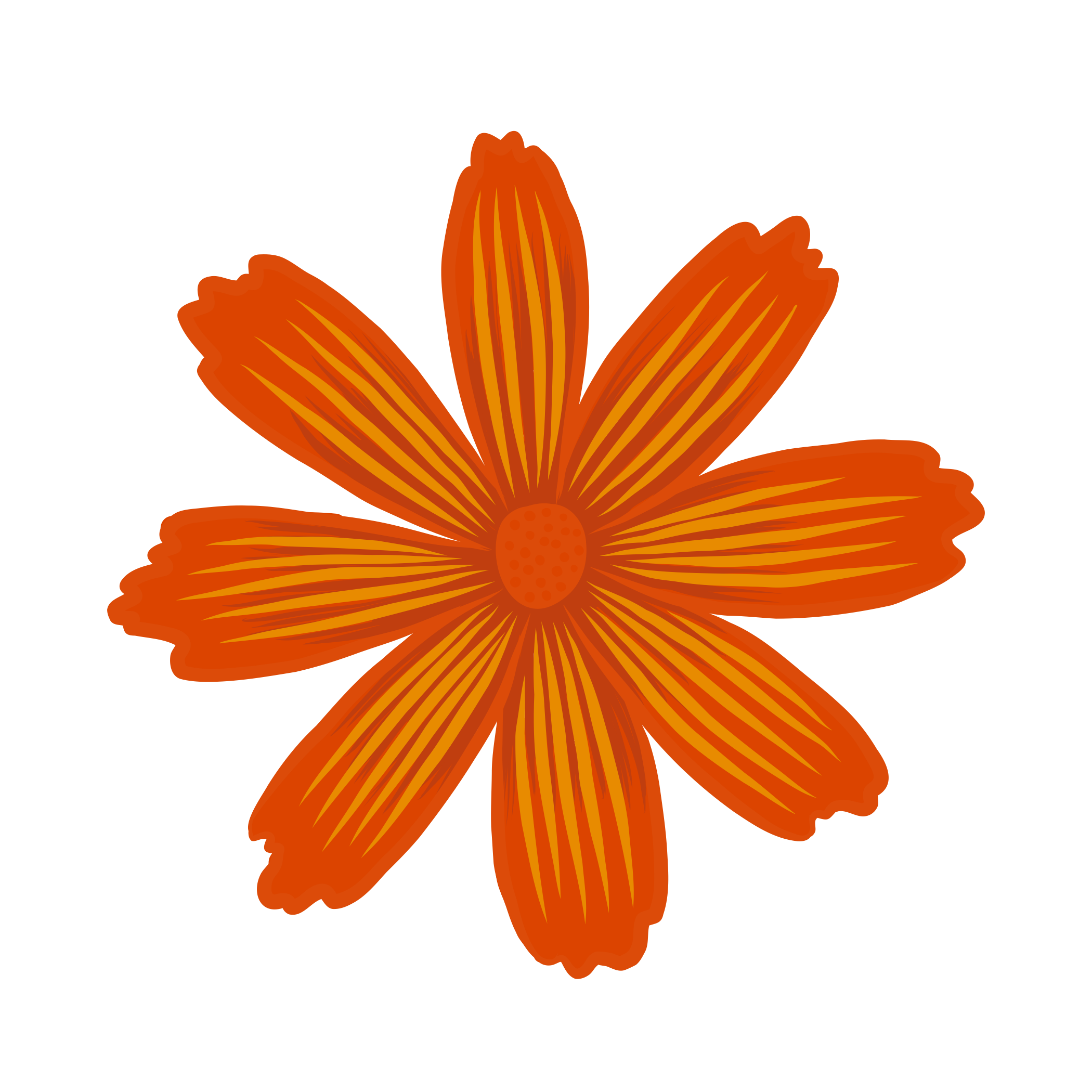 Digital illustration of an orange flower with elongated petals and striped details on a black background.